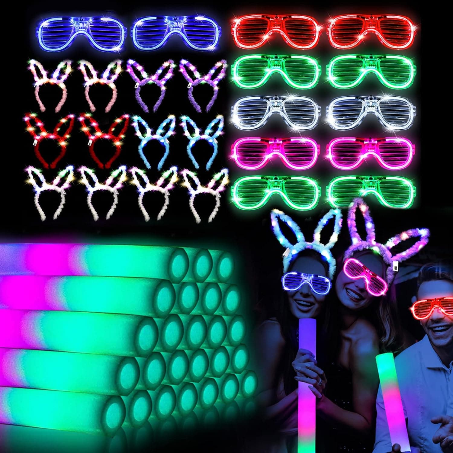 48PCS Glow in the Dark Party Supplies, Wedding Light Up Party Favors - 24pcs 16" Foam Glow Sticks, 12pcs LED Glasses and 12PCS Bunny Ear Headband for Concert, Carnival, Birthday and Graduation Party Supplies