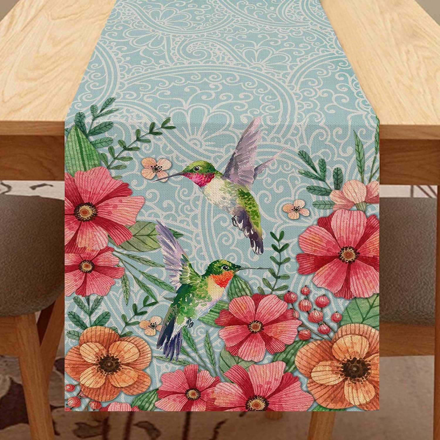 Seliem Summer Hummingbirds Table Runner, Vintage Flowers Birds Home Kitchen Plant Decor, Spring Blue Botanical Farmhouse Burlap Dining Decorations Party Supplies 13 X 72 Inch