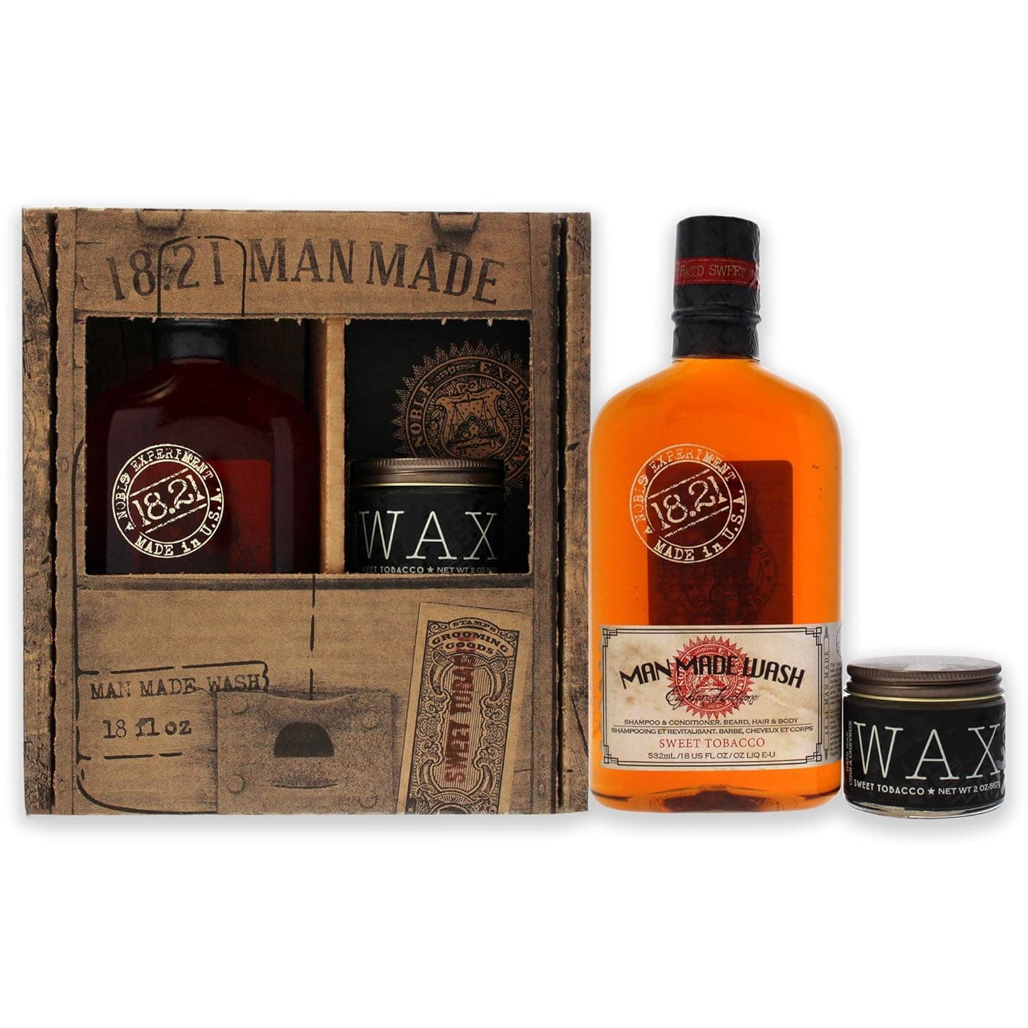 18.21 Man Made Luxury Gift Set, Men's Products: 3-in-1 Shampoo, Conditioner, Body Wash w/Wax, Paste, Beard Balm, Hair Spray, Shave Glide, Clay, or Pomade - Sweet Tobacco or Spiced Vanilla Fragrance