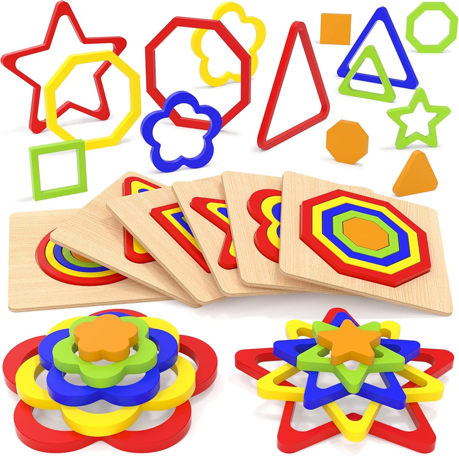 Benresive Wooden Puzzles for Toddlers 1-3, Montessori Toys for 1 2 3 Year Old Boys Girls, 6 Pack Toddler Toys Age 2-4, 1 2 3 Year Old Boy Girl Gifts, Learning & Education Shape Sorting Toys
