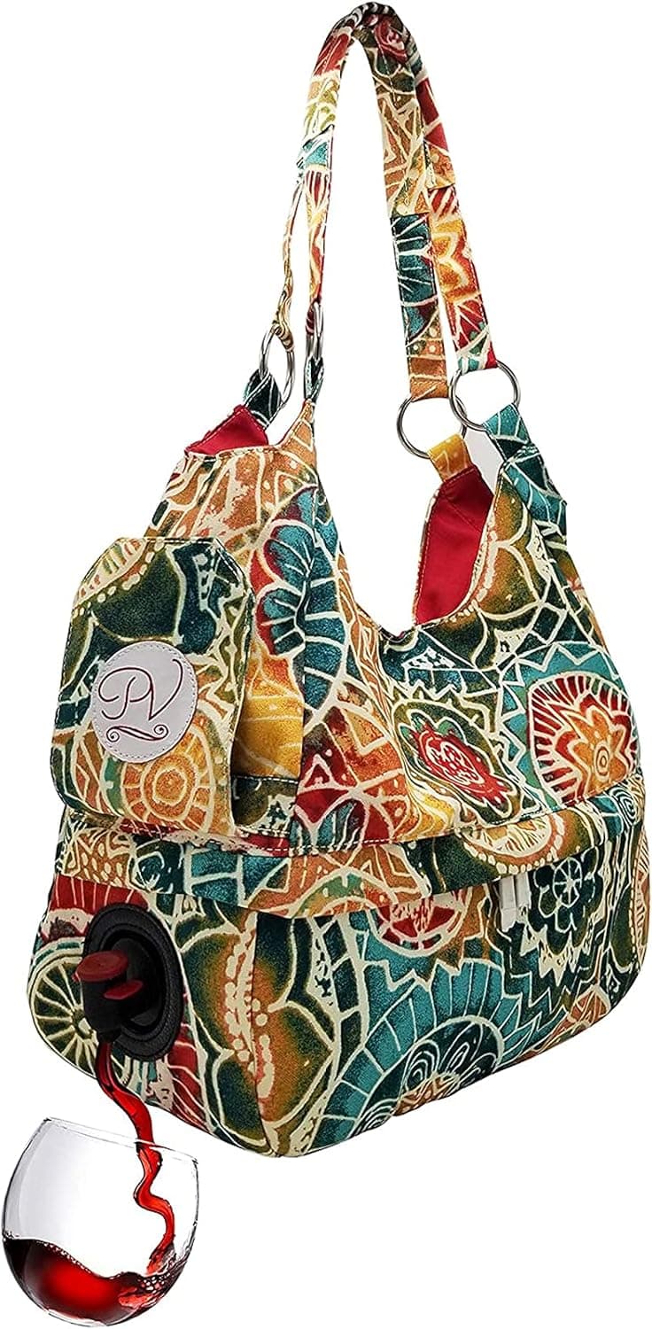 PortoVino Swankey Terracotta Beverage Wine Tote with Hidden, Insulated Flask Compartment Wine Dispenser, Holds 4 bottle of Wine from Cooler! Perfect for Traveling, Concerts, Bachelorette Party!