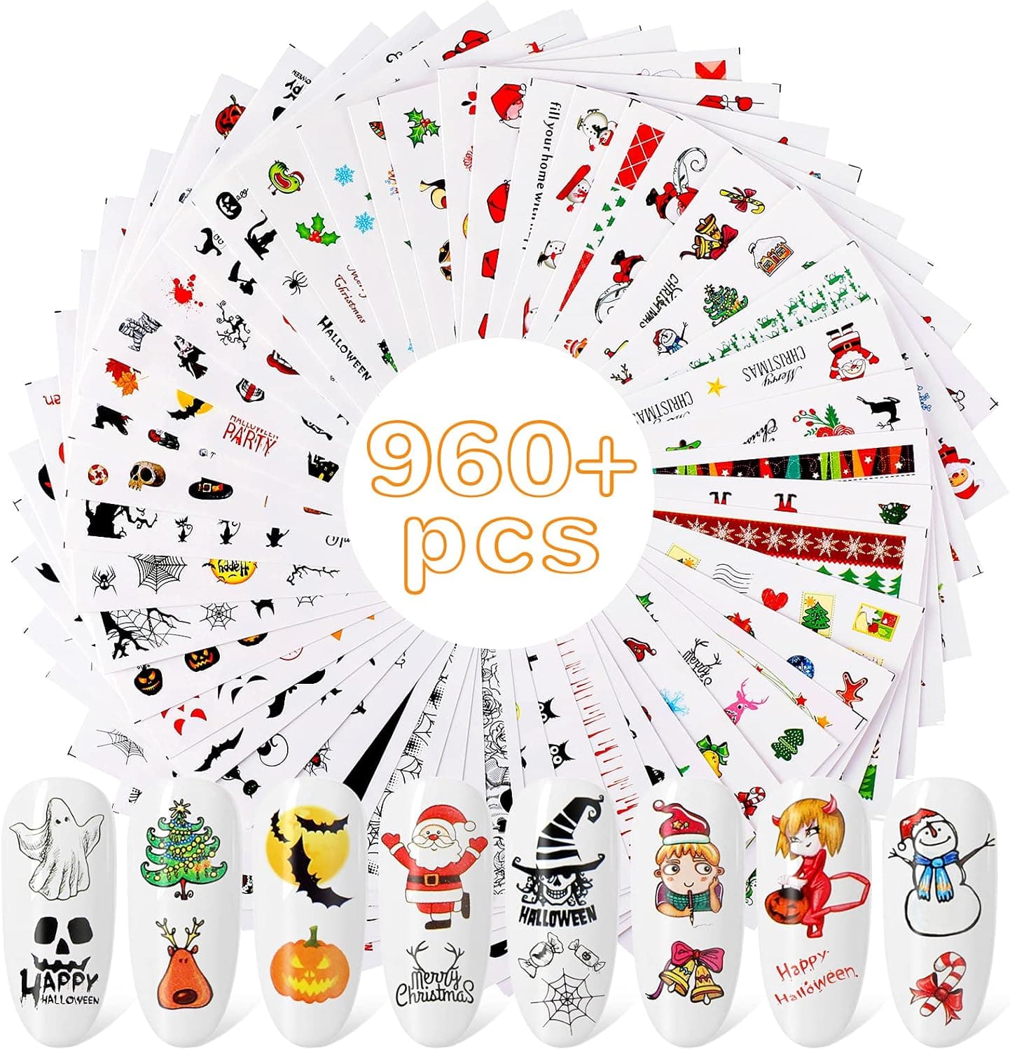 Halloween Christmas Thanksgiving Nail Stickers, Konsait 960+pcs Water Transfer Nail Stickers Set with Nail Pumpkin Skull Maple Leaf Snowflake for Women Girls Manicure Decoration Halloween Party Favors
