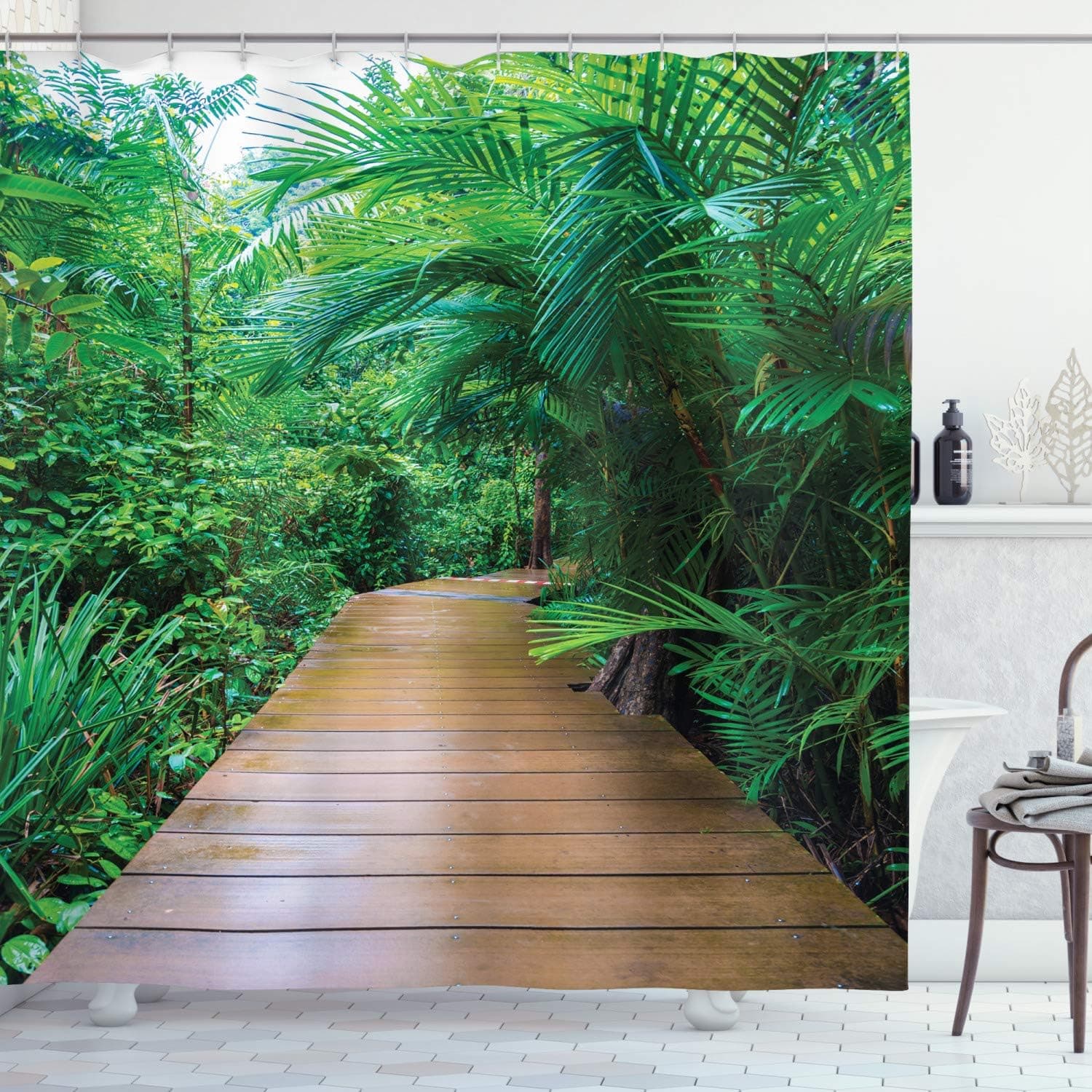 Ambesonne Jungle Shower Curtain, Deck Timber Jetty Exotic Getaway Wilderness Footpath Tropic Plants Rainforest, Cloth Fabric Bathroom Decor Set with Hooks, 69" W x 70" L, Green Beige