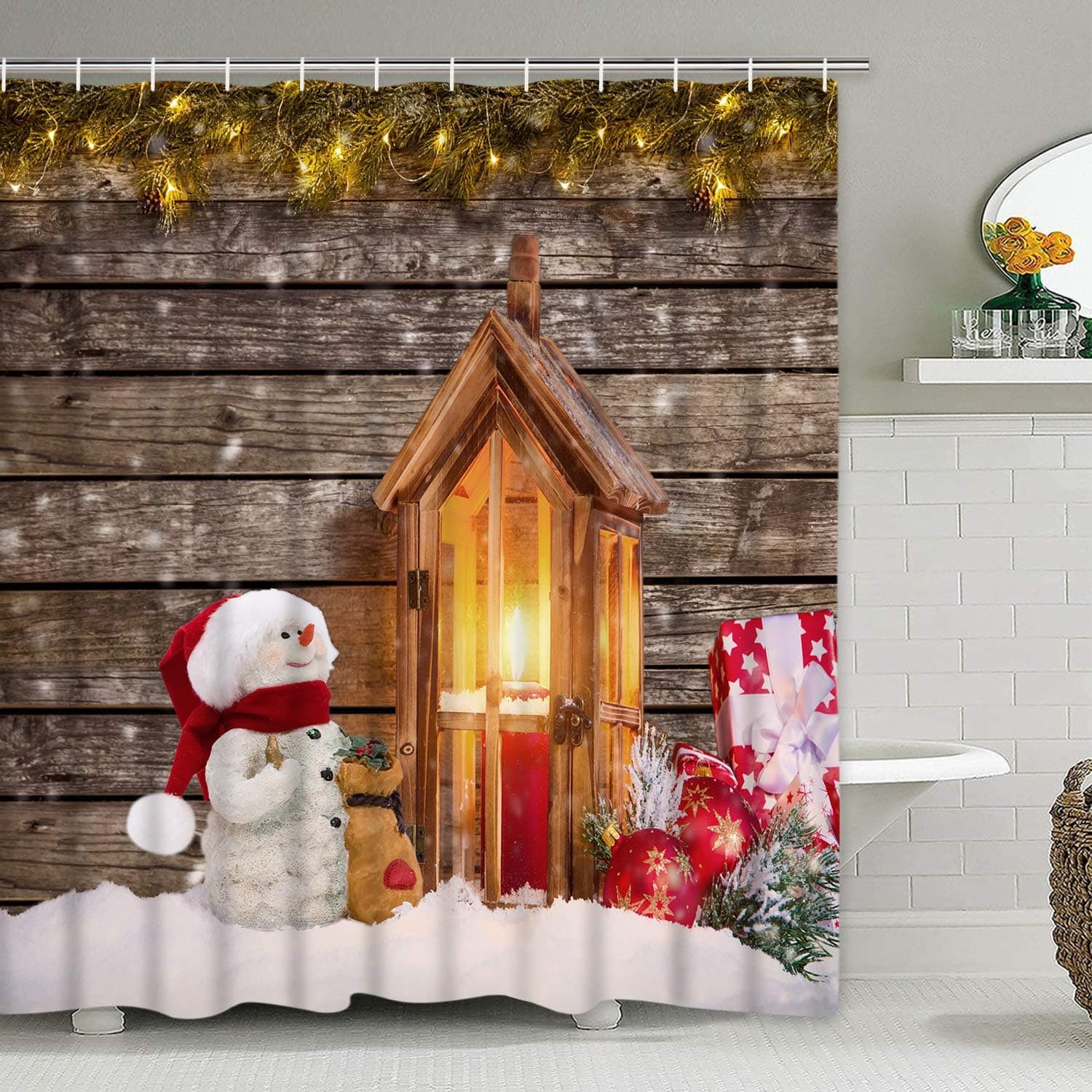 Krelymics Christmas Shower Curtain with 12 Hooks, Xmas Snowman Balls Pine Tree Chalet Shower Curtain Waterproof Bathroom Shower Curtains for Christmas Decoration