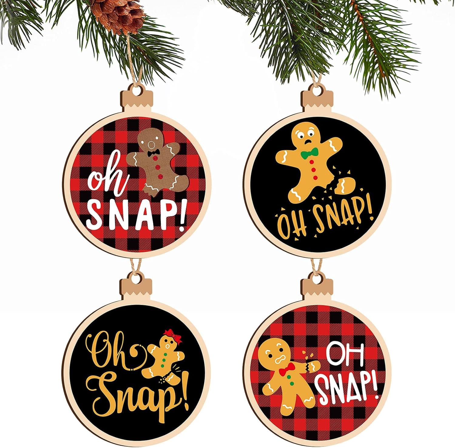 4 Pieces 6 Inch Oh Snap Christmas Ornaments Funny Gingerbread Man Buffalo Plaid Christmas Tree Ornaments Wooden Ball Shape Christmas Hanging Decoration for Xmas Tree Home Hanging Decor