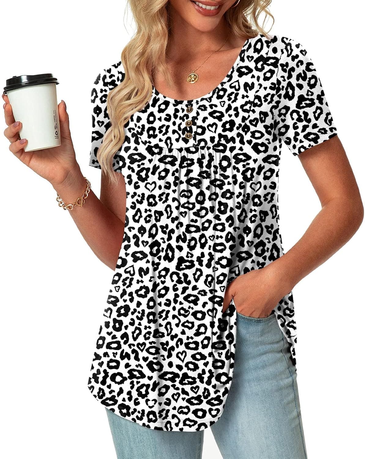 POPYOUNG Women's 2023 Spring-Summer Casual Short Sleeve Tunic Tops Ruffle Button Loose Blouse T-Shirts