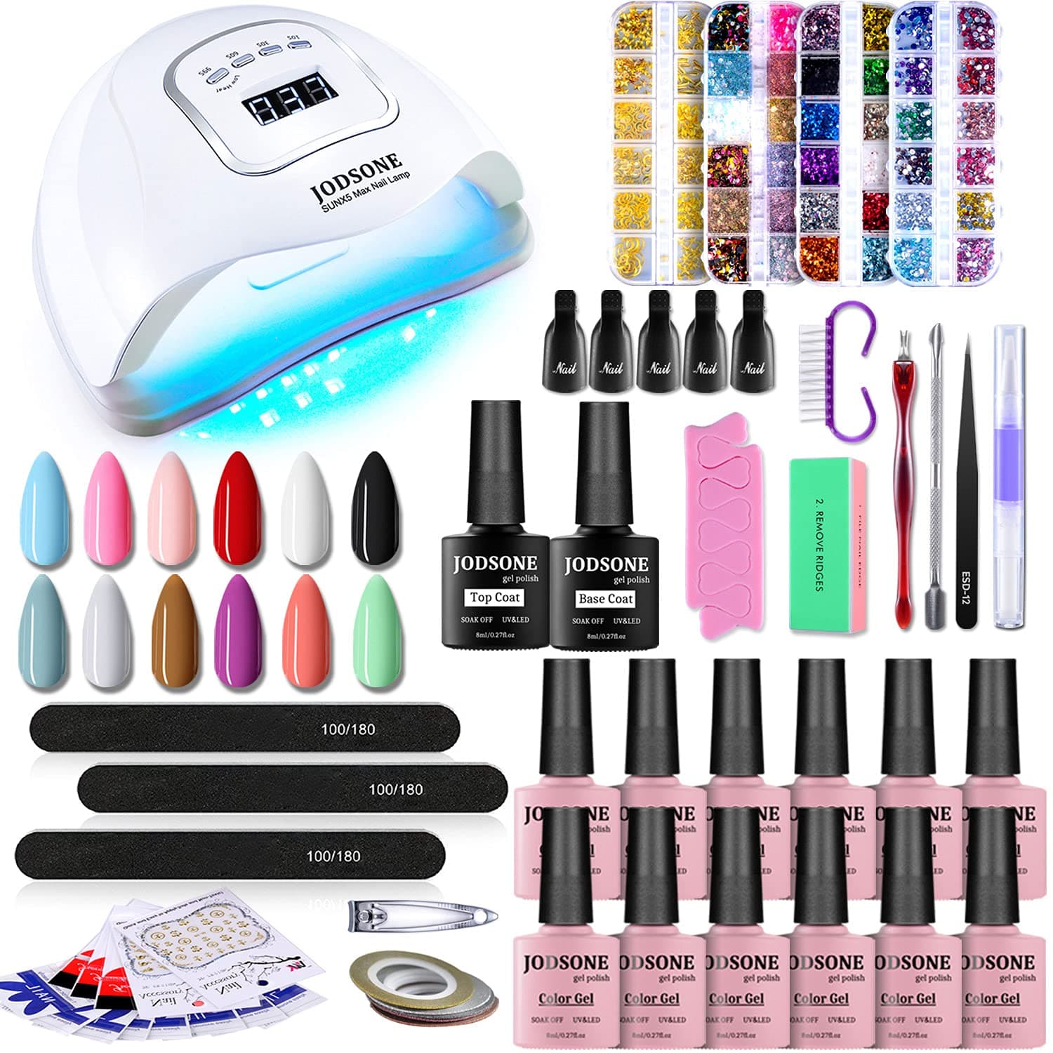JODSONE 12 PCS Gel Nail Polish Kit with UV Light,Gel Nail Polish Starter Kit with 150W Led Nail Lamp DIY Home Manicure Tools Base Coat Top Coat Nail art Glitters Rhinestones Gift for Women