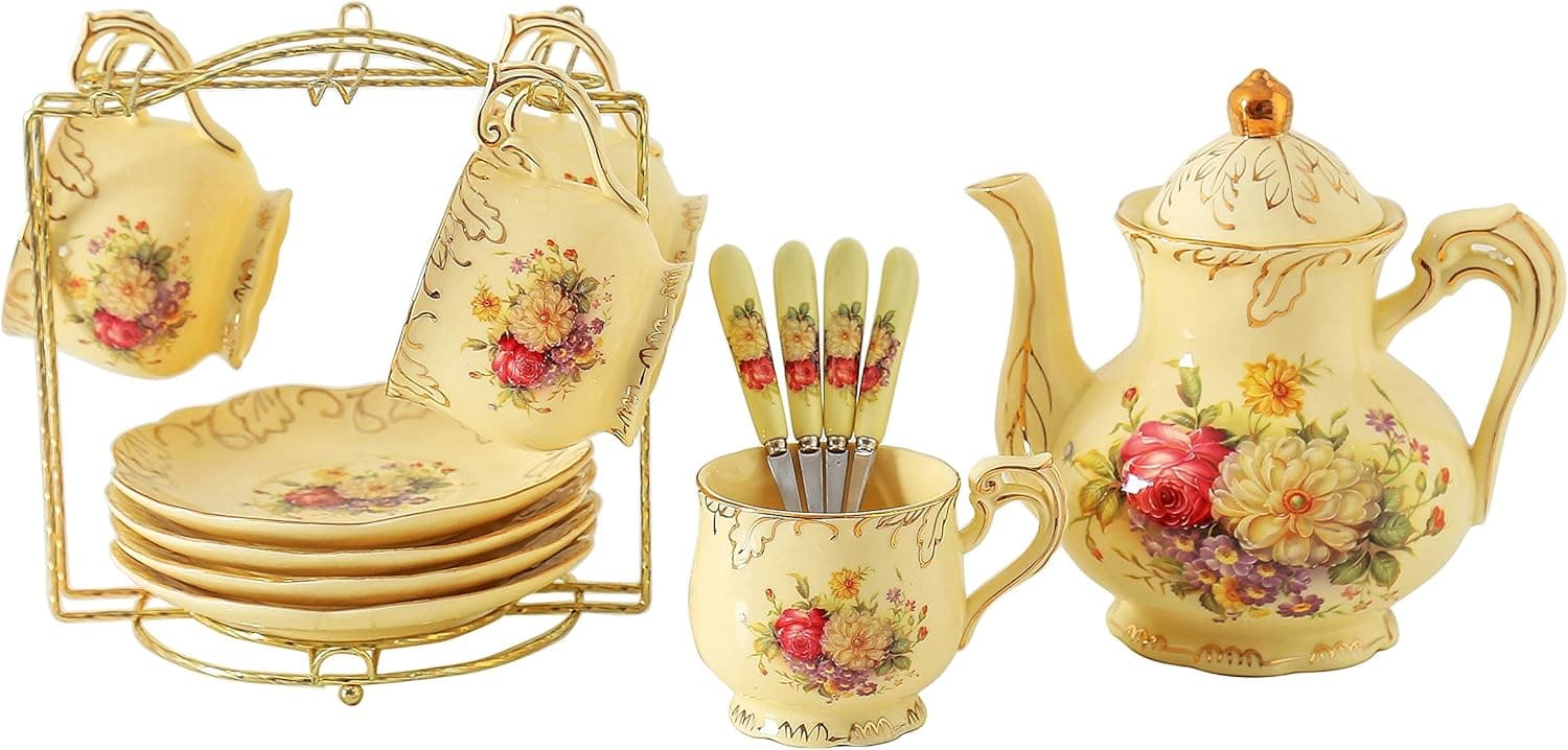 ufengke 9 Piece Creative European Luxury Tea Set, Ivory Porcelain Ceramic Coffee Set With Metal Holder, Hand Painted Red And White Rose Flower, For Wedding Decoration