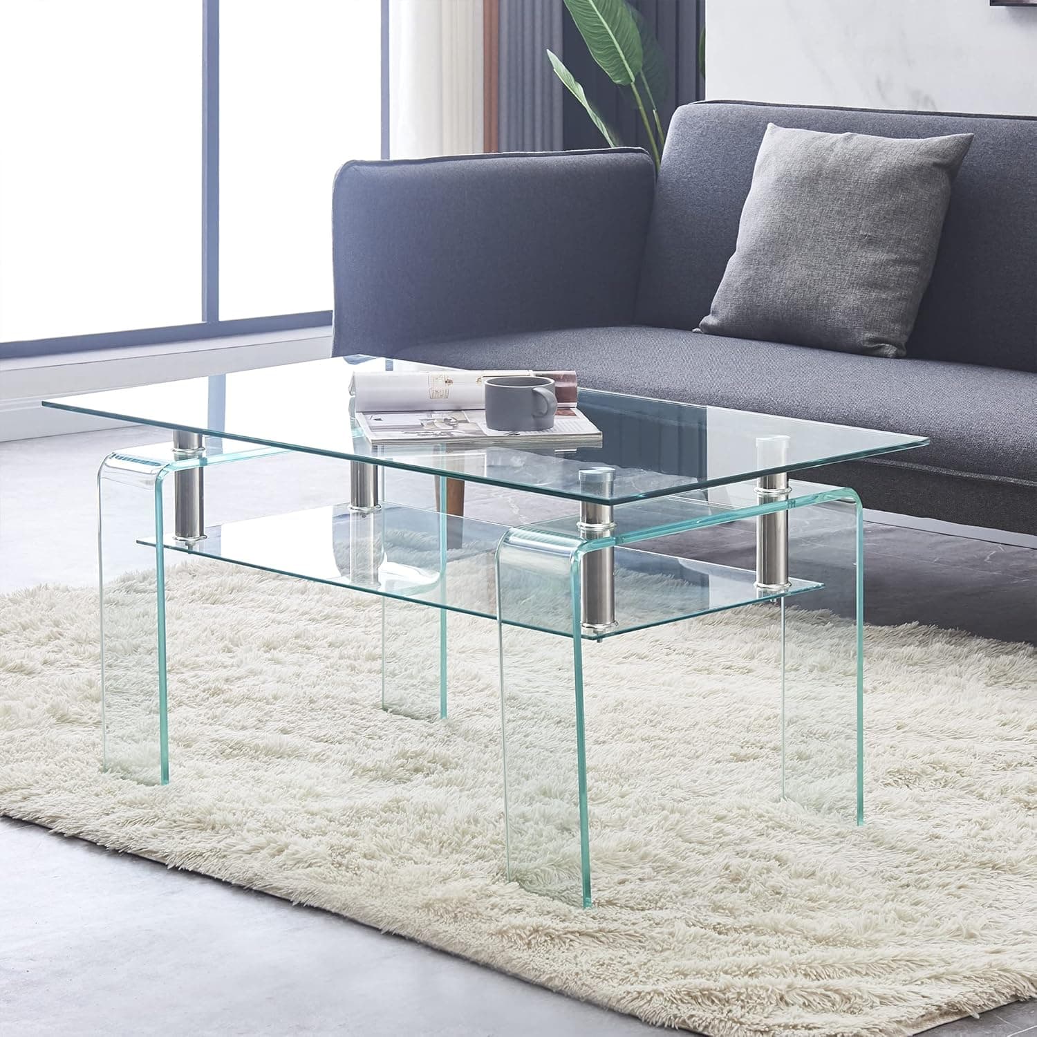 Upgraded Tempered Glass Coffee Table with Glass Legs Modern Small Coffee Table for Livingroom (39x22x19, Clear)