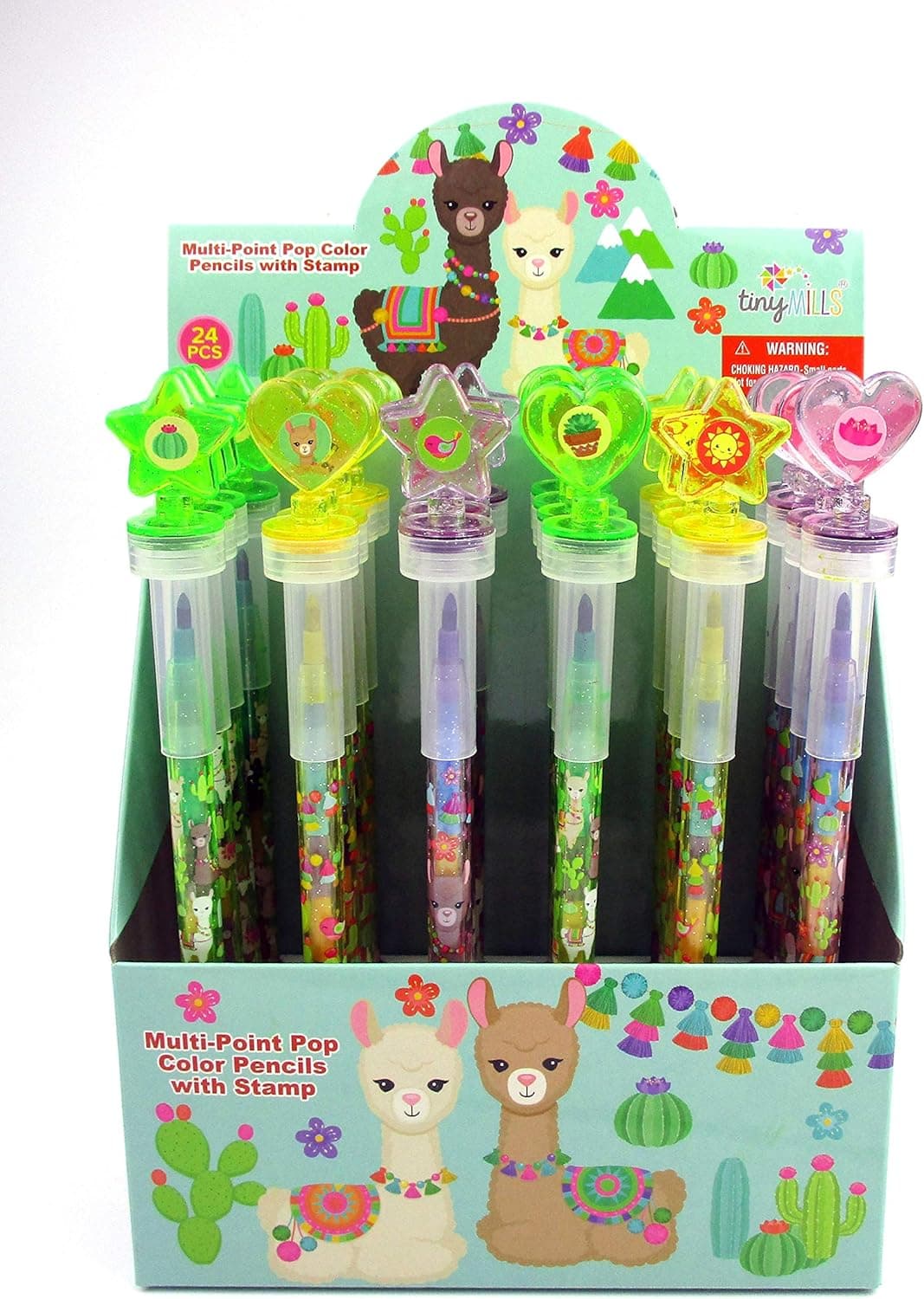 TINYMILLS 24 Pcs Llama Alpaca 2 in 1 Stackable Stacking Crayon with Extra Stamper Topper, Kids Party Favors, Goodie Bag Stuffers, Classroom Rewards, Prizes