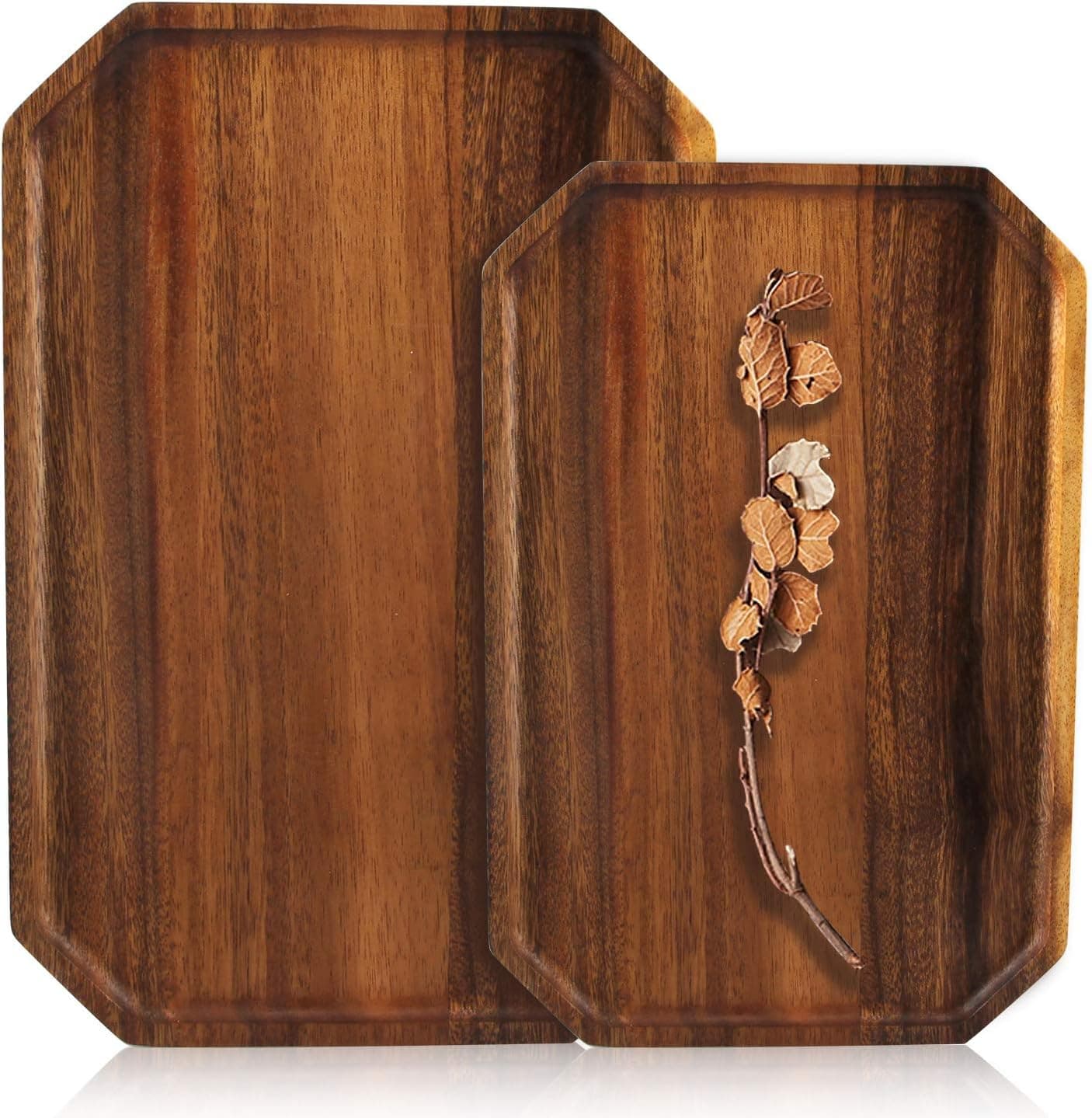 2 Pcs Decorative Wooden Serving Trays Acacia Wood Platter Handmade Salad Plates Coffee Tray Fruit Platter Vegetable Tray