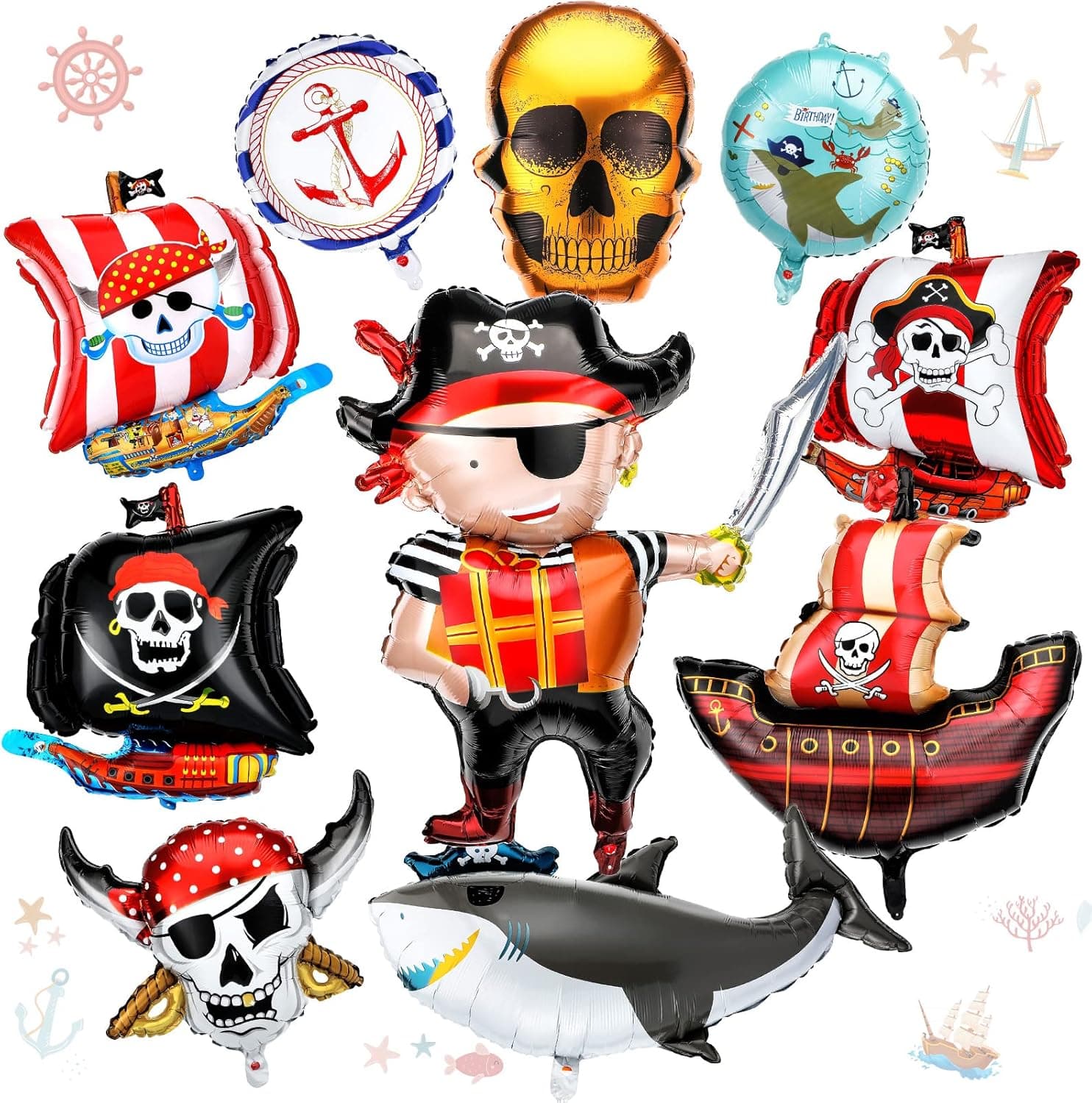 10 Pcs Pirate Ship Foil Mylar Balloons Pirate Birthday Party Supplies Pirate Party Decorations Ocean Birthday Decorations Pirate Balloons Pirate Ship Skeleton Shark Balloon for Birthday Party Supplies