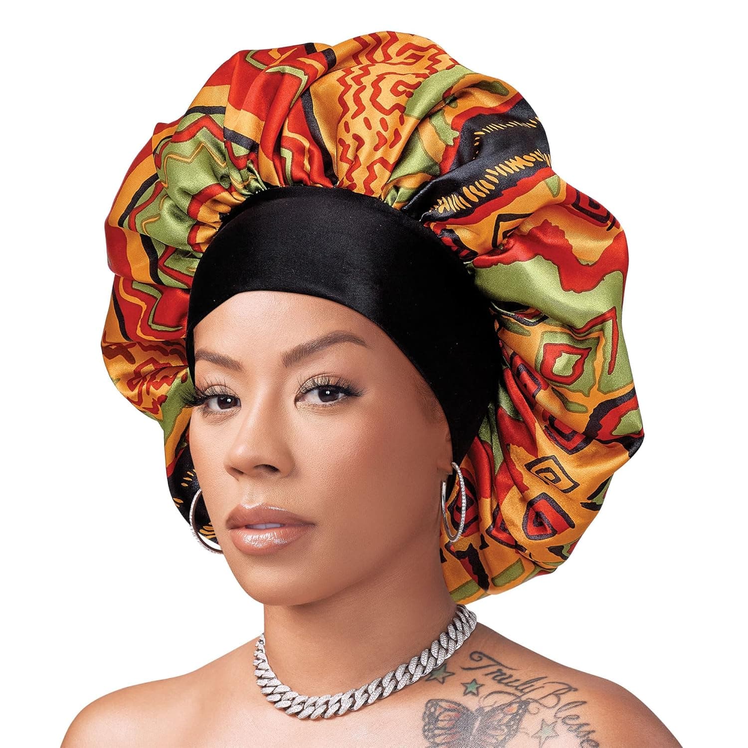 Red by Kiss X Keyshia Cole Silky Bonnet Wide Edge Bonnet Sleep Cap, Frizz Free Bonnet, X-Large (Aztec 1)