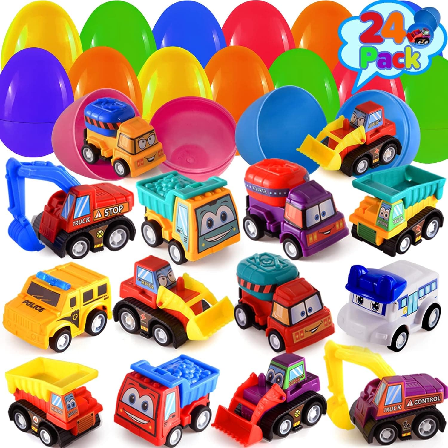 Duchong 24 Pack Prefilled Easter Eggs with Mini Pull Back Construction Vehicles, Easter Eggs with Toy Inside for Easter Basket Stuffers, Easter Egg Hunt Party for Toddler & Kids