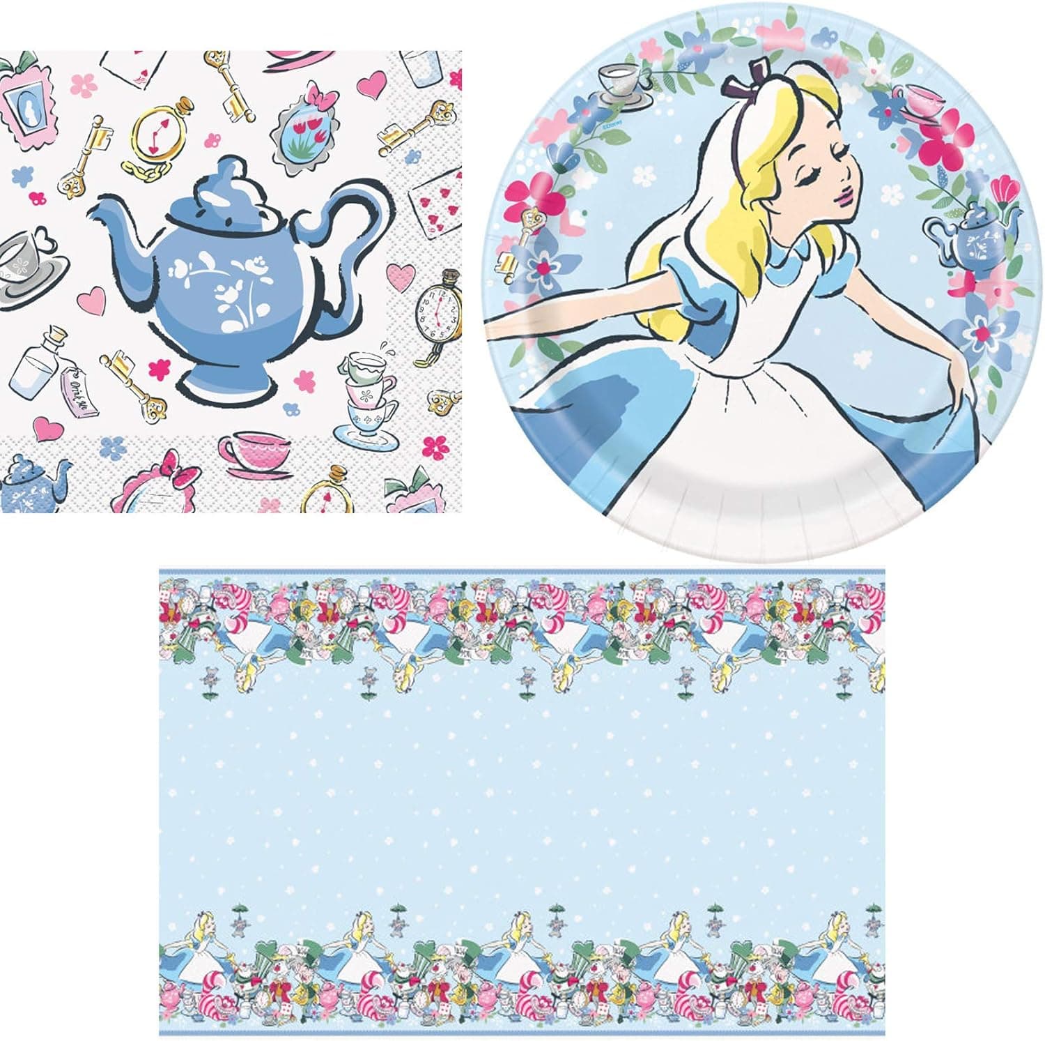 Alice in Wonderland- Napkins, Plates, Tablecover, Happy Birthday Party Bundle for 16 People - Includes 1 Maze Game Activity Card by ClassicVariety