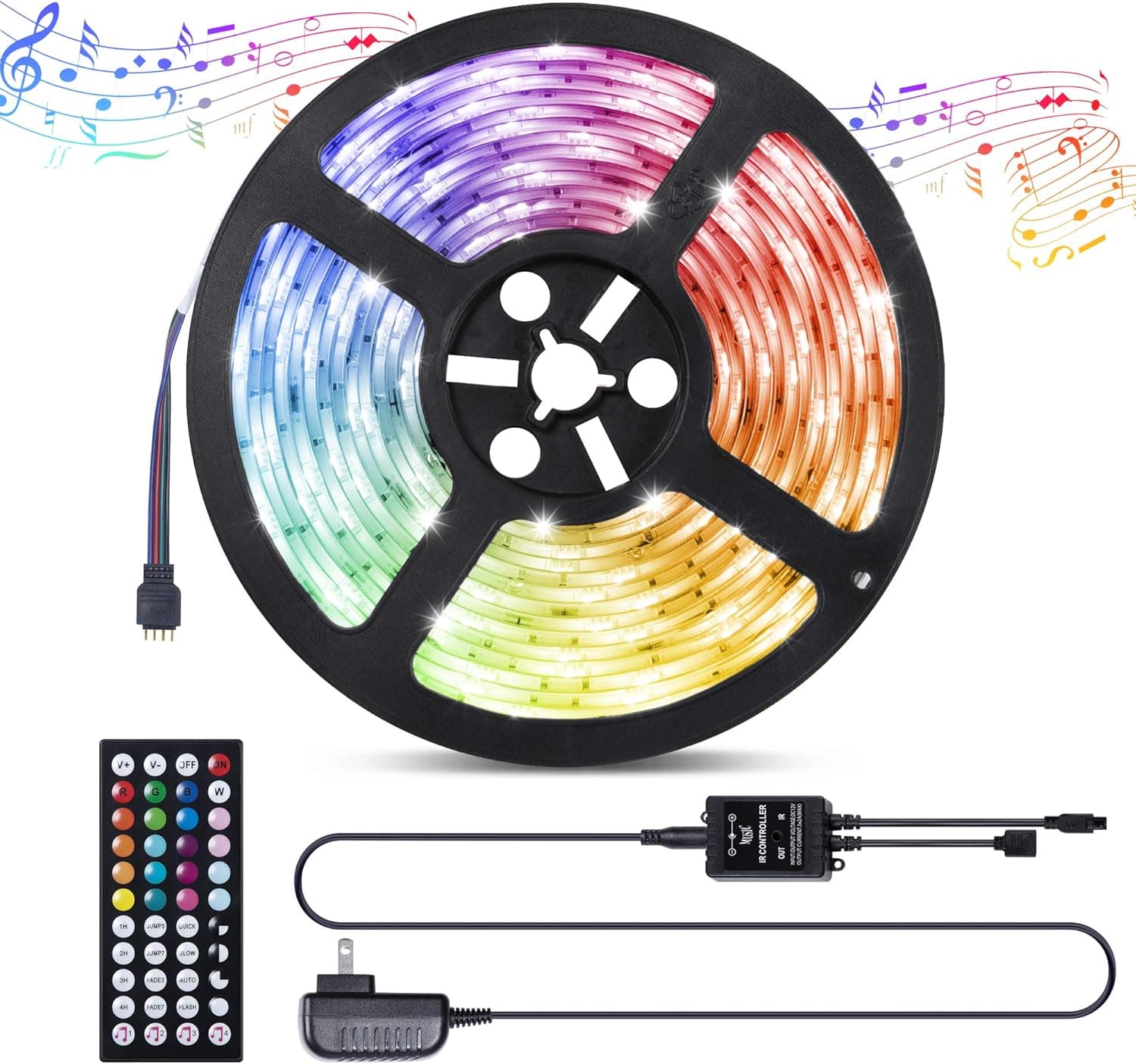 Merkury Innovations RGB LED Sound Sync Adhesive Strip Lights with Remote Controls, Music Activated LED Lights, 12v Power Supply TV Backlight Kit w Remote, Lights for TIK Tok (16.4 FT)