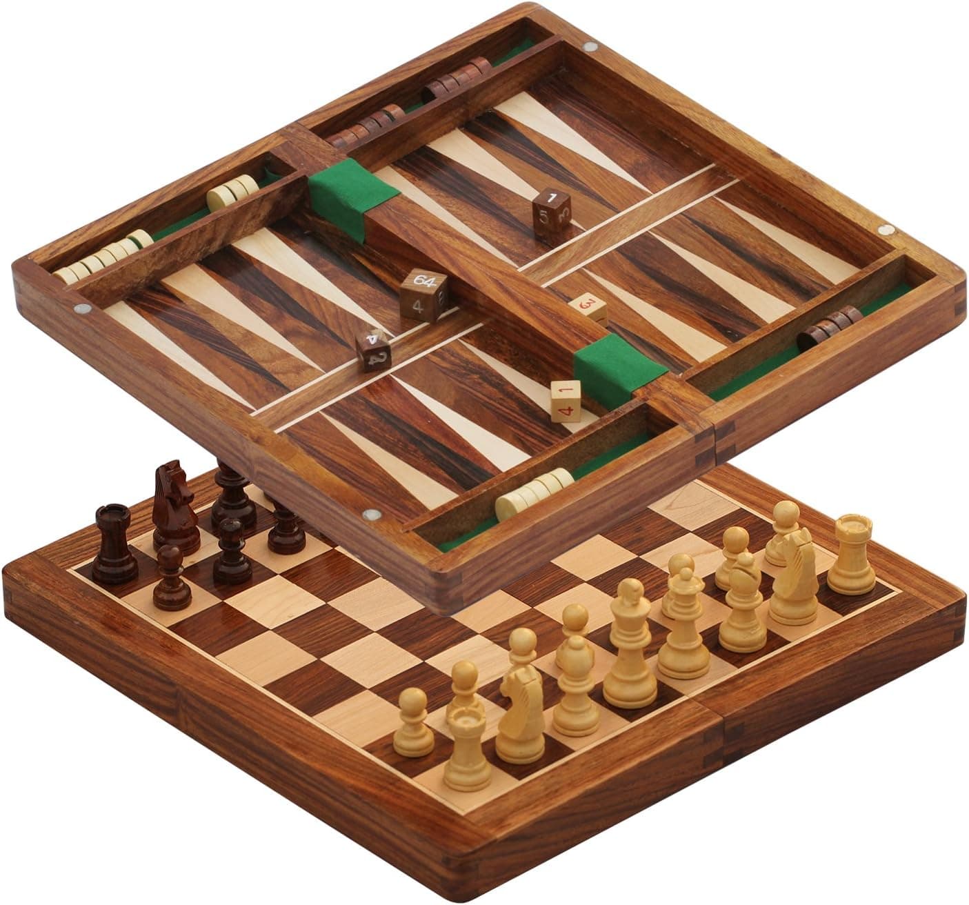 BKRAFT4U Handmade Wooden Rosewood Foldable Magnetic Chess Game Board with Storage Slots, Backgammon