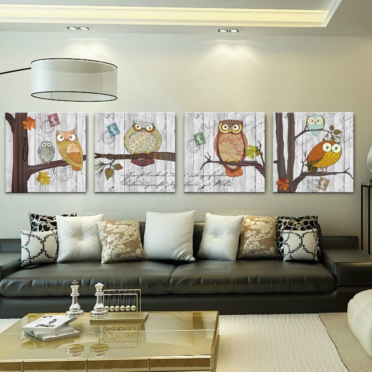 RAIN QUEEN Ready to Hang Cute Owl Canvas Print Paintings 4pcs
