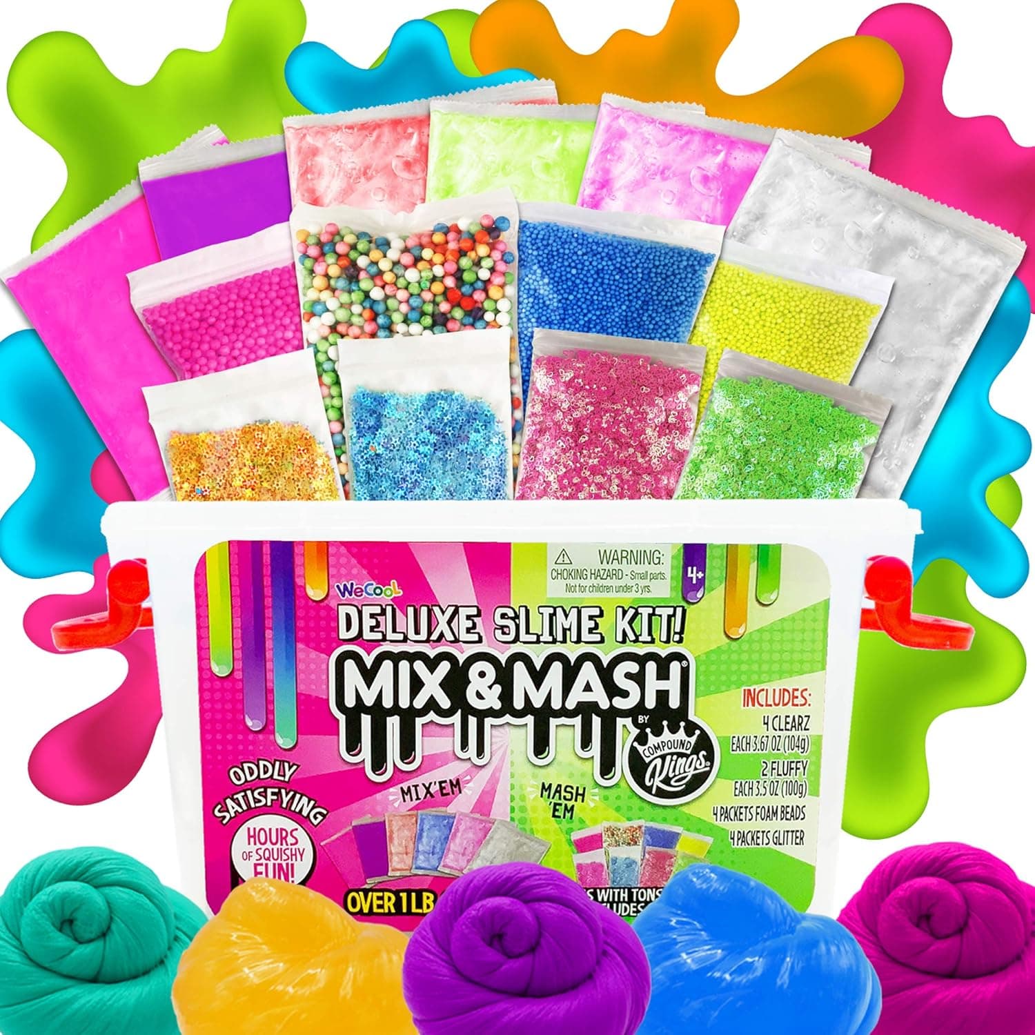 COMPOUND KINGS Mix & Mash Deluxe Slime Kit for Girls & Boys | Sensory Toys | Non-Sticky | Stress Relieving Tactile | (Fluffy, Clear Slime, Foam Beads & Glitter Mix Ins)