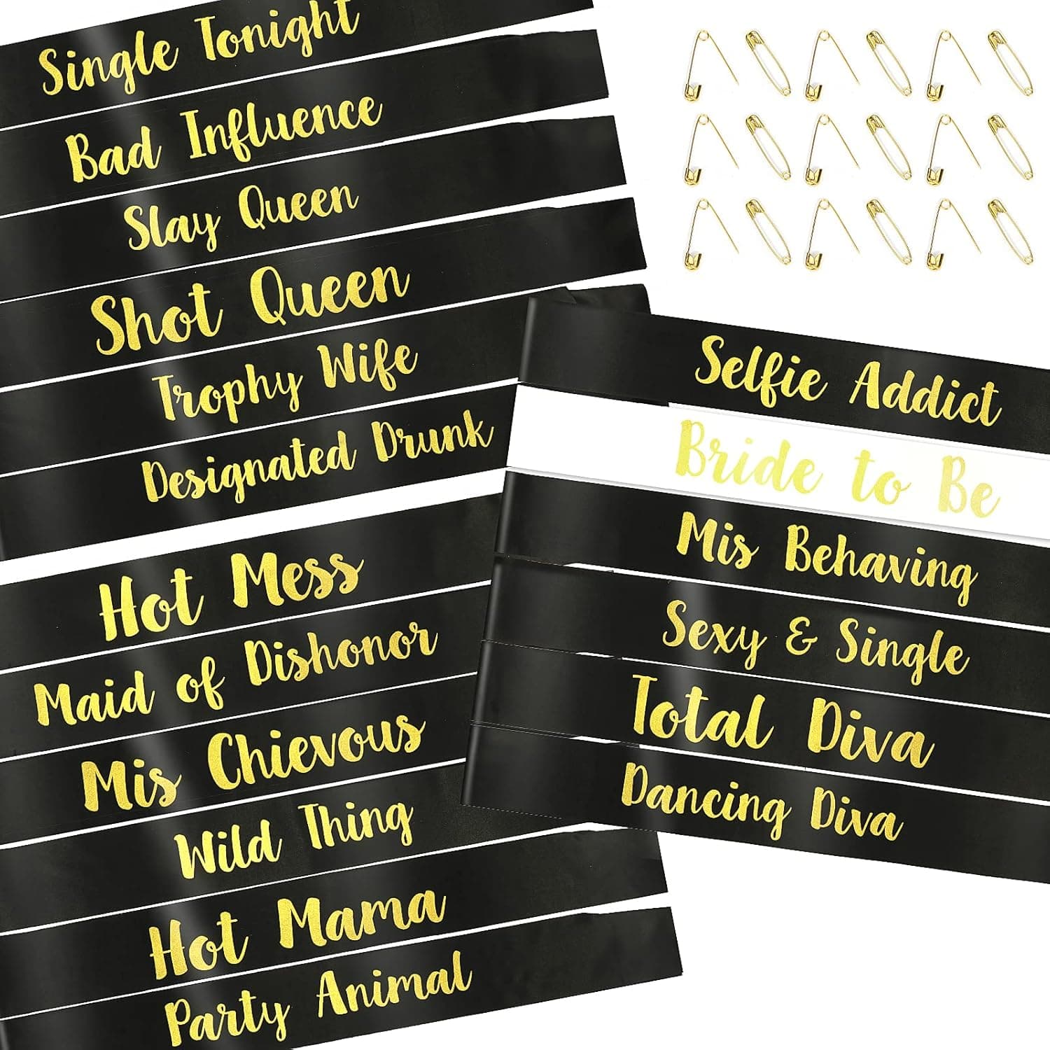 PHOGARY 18 Pack Bachelorette Sashes for Bridal Party - 17 Black Team Bride Sashes with 1 White Bride to Be Sash - Funny Sashes Set for Hen Party Bachelorette Party Bridal Shower Wedding Party