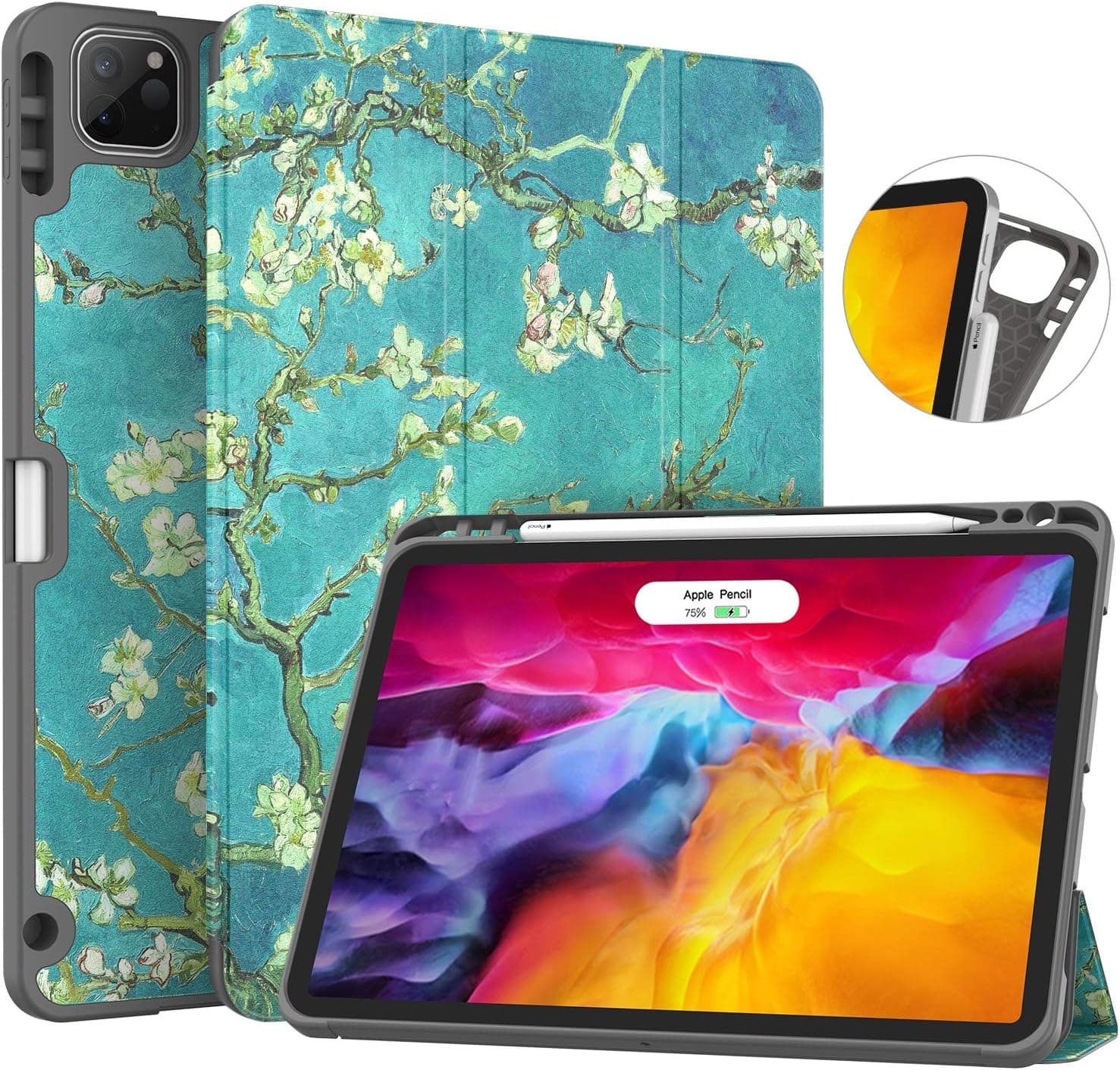 Soke New iPad Pro 11 Case 2020 & 2018 with Pencil Holder - [Full Body Protection + Apple Pencil Charging + Auto Wake/Sleep], Soft TPU Back Cover for 2020 iPad Pro 11 inch(Apricot Blossom)