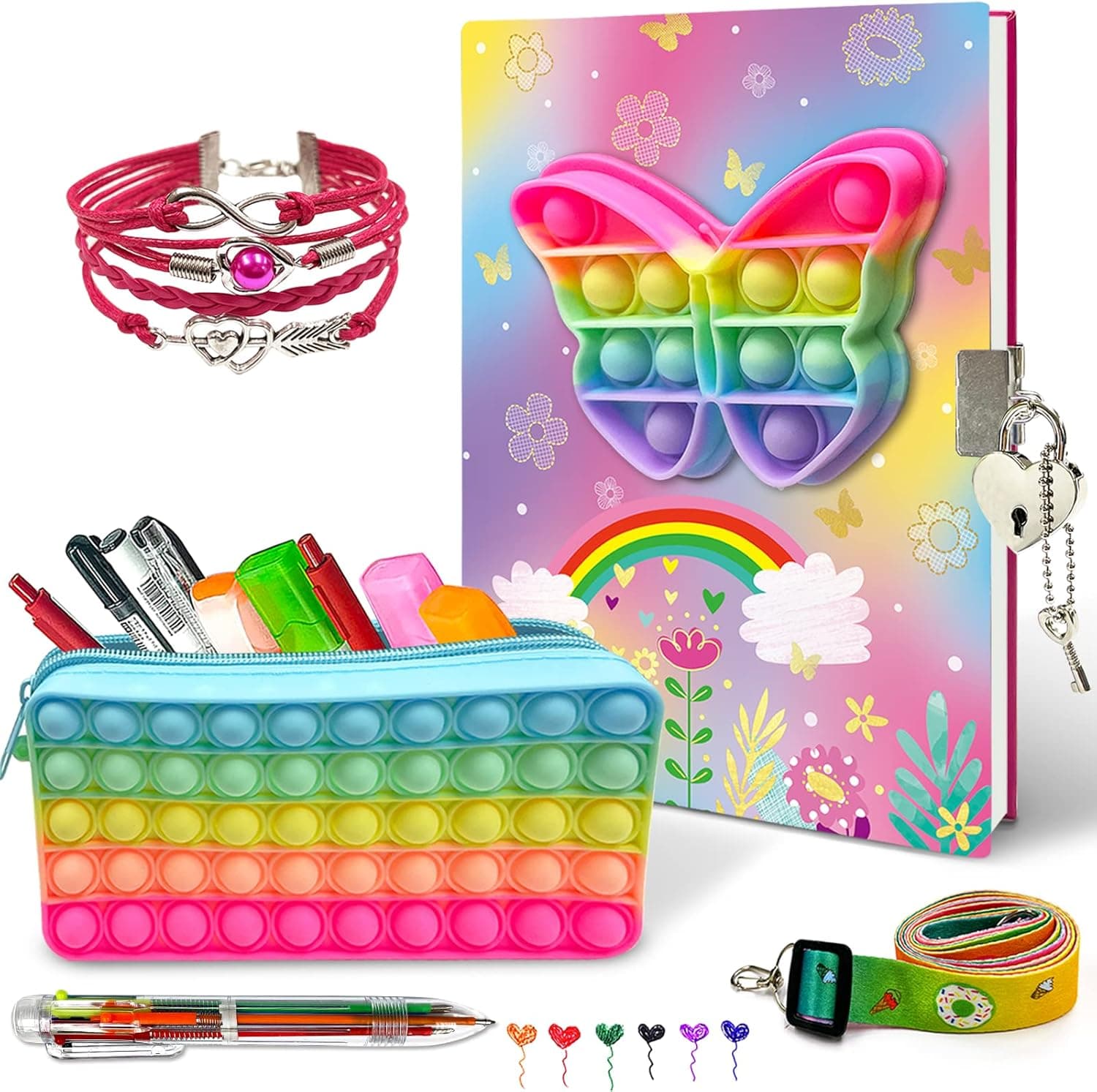 Pop Notebook for Kids, Fidget Poppers Journal Set Includes Diary with lock Pop Pencil Case Pink Fashion Bracelets and 6 Multicolor Ballpoint Pen Gift Stuff Fidget for Girls 10-12 School Supplies