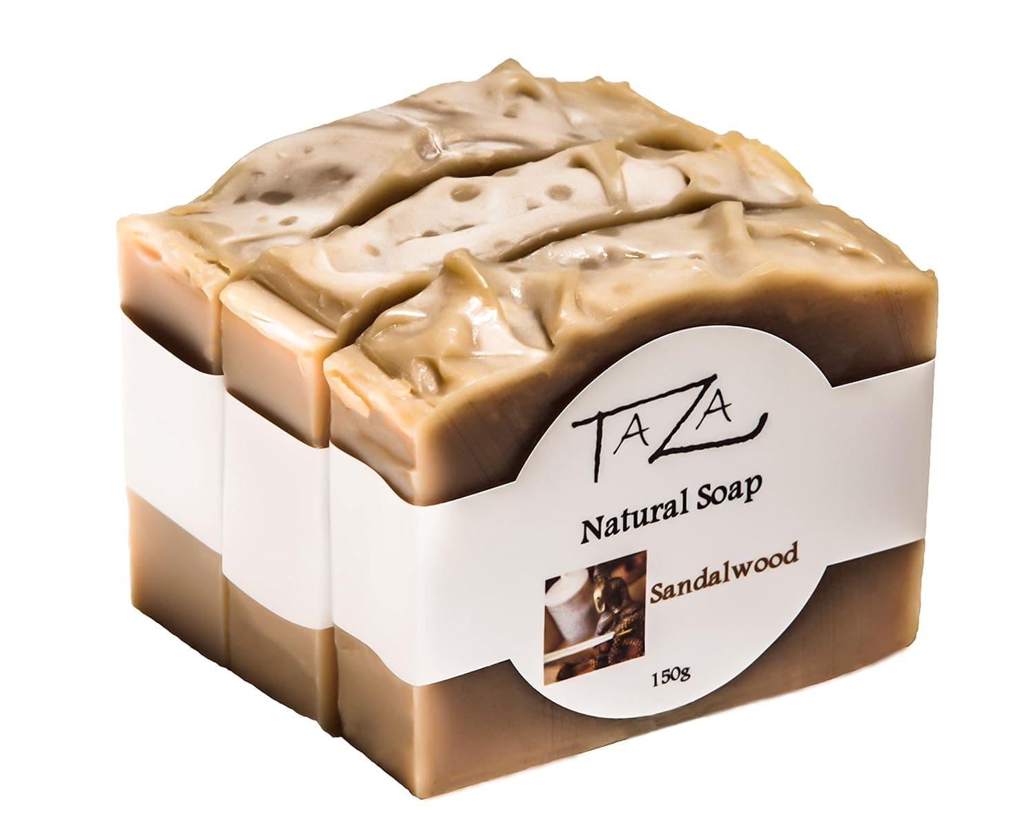 Taza Premium Sandalwood Natural Soap (Pack of 3) Each 5.3 oz (150 g) For Radiant Glowing Skin Contains: Coconut, Olive, and Palm Fruit Oils, Shea Butter, Sandalwood Powder, Kaolin Clay
