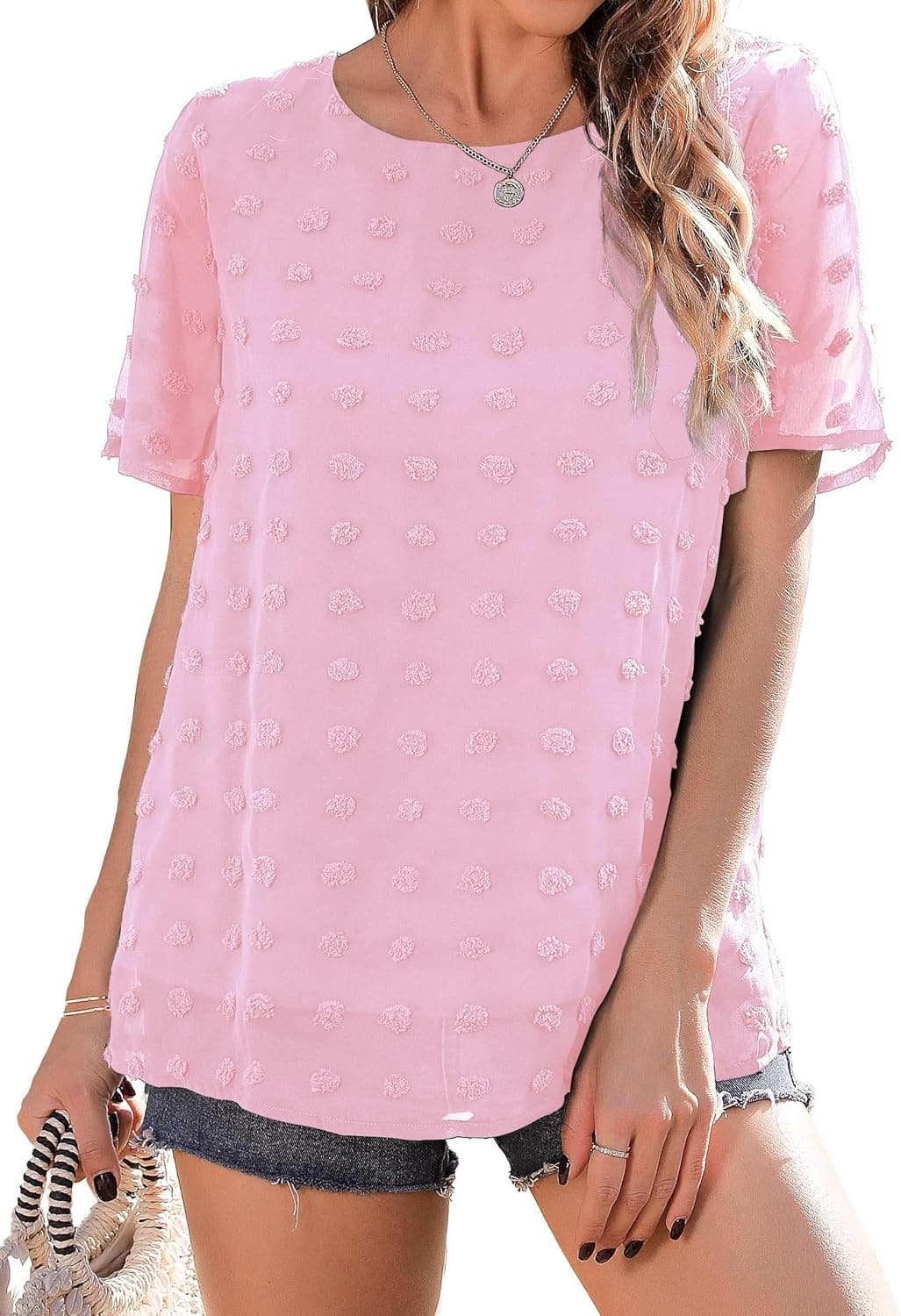 Neineiwu Womens Chiffon Blouse Summer Casual Round Neck Short Sleeves Pom Pom Shirts Tops