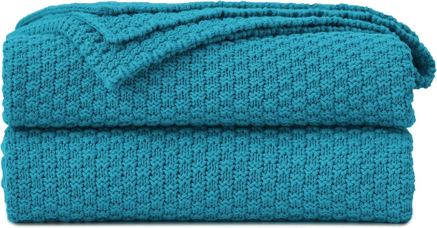 Longhui bedding Teal Knitted Throw Blanket for Couch, Soft, Cozy Machine Washable 100% Cotton Sofa Knit Blankets, Heavy 3.0lb Weight, 50 x 63 Inches, Teal Color.