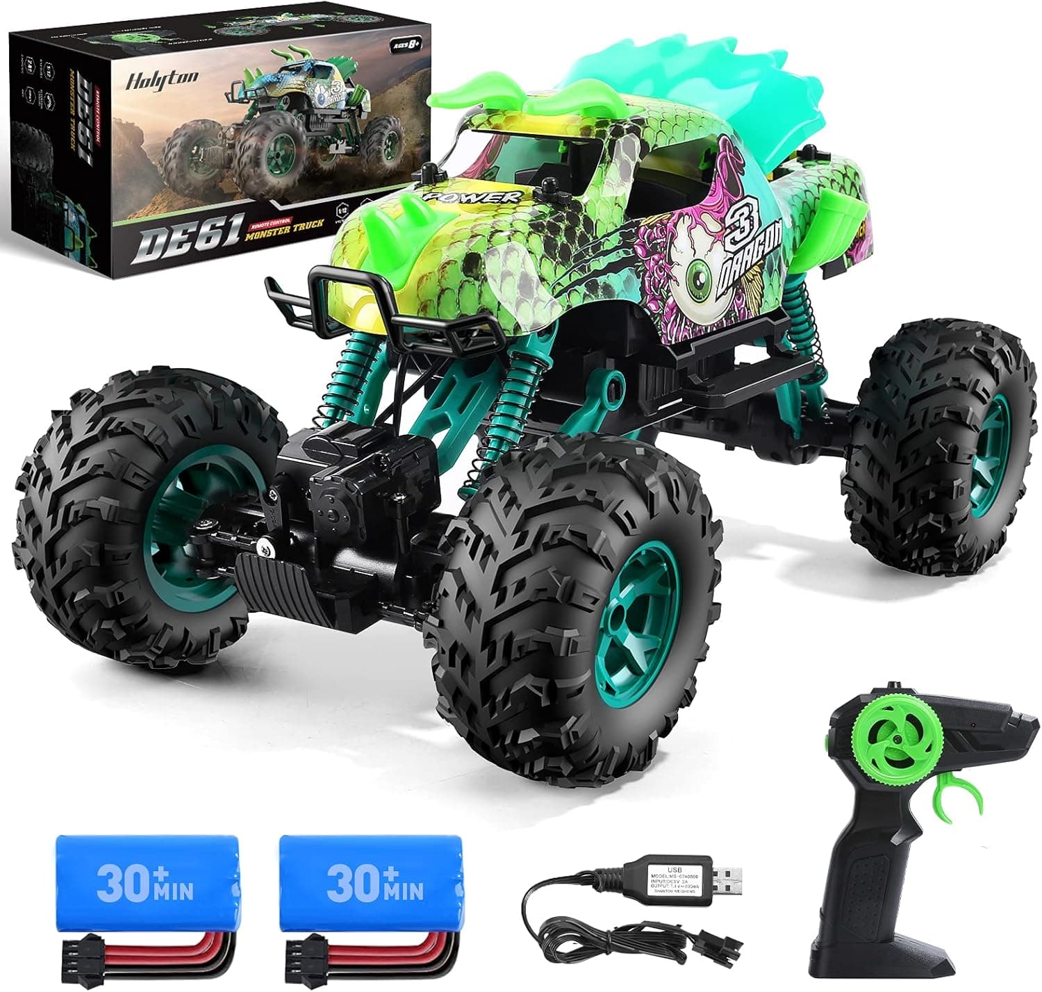 Holyton Remote Control Cars, 1:12 Large Scale Dinosaur Monster RC Trucks, 4WD Liftable Chassis Off Road Rock Crawler for Kids, 2 Batteries for 60+ Minutes Play, RC Car Toys Gift for Boy & Girls