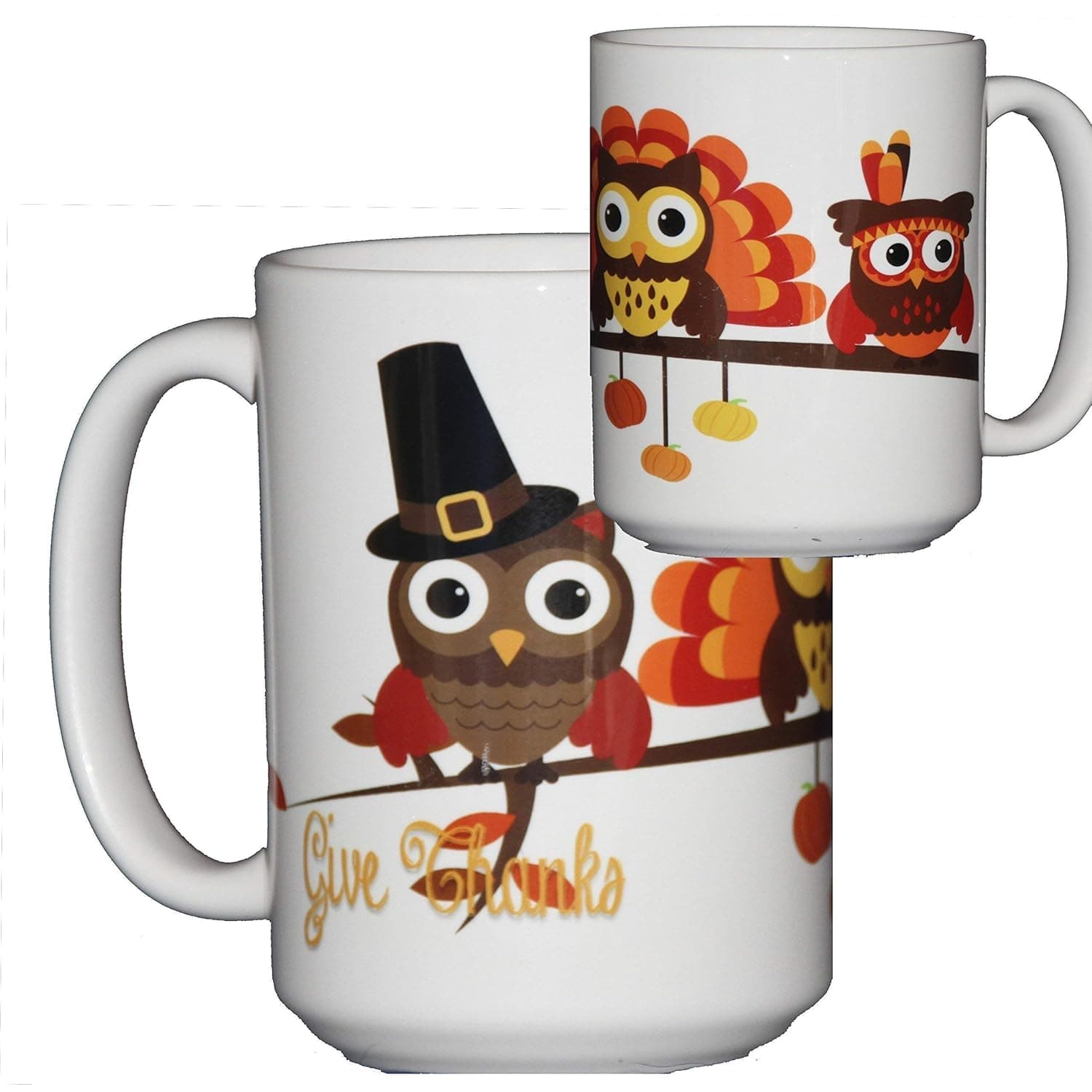 Cute Holiday Owls on a Tree Branch Coffee Mug - Valentines - St Patrick - Easter - Cinco de Mayo - July 4th - Halloween - Thanksgiving - Christmas (thanksgiving)