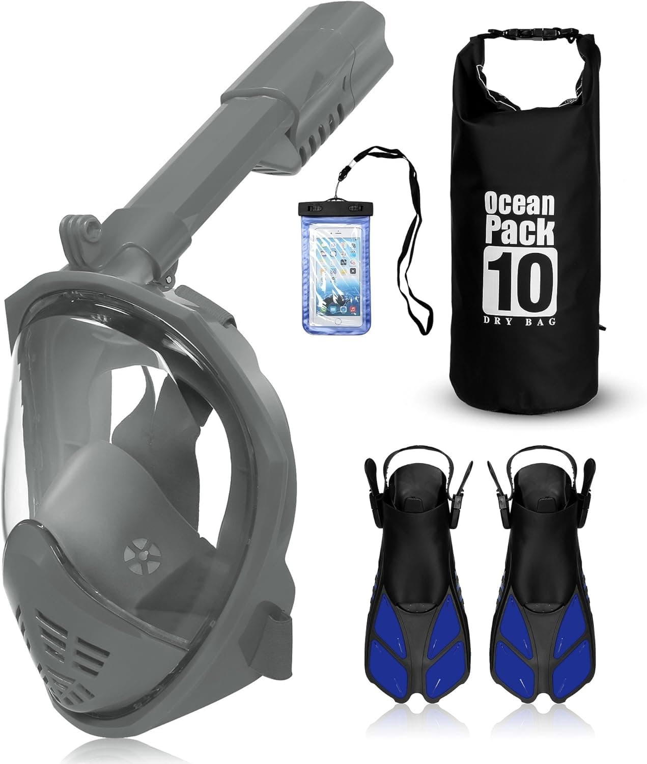 UGI Full Face Snorkel Mask Set Foldable Seaview 180° Diving Mask Dry Bag Waterproof Phone Case and Fins for Adults Youth, Anti-Fog Anti-Leak Snorkeling Design with GoPro Mount