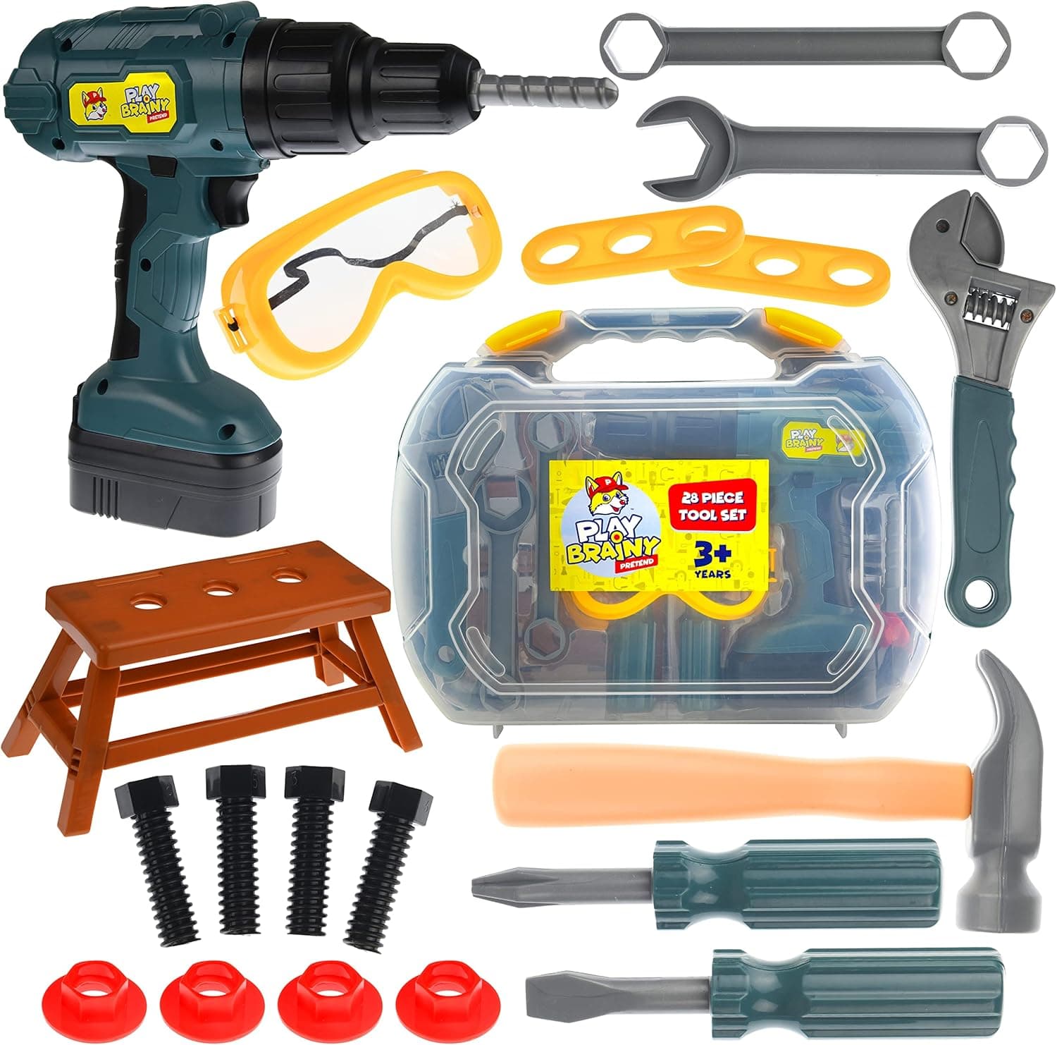 Play Brainy Pretend Kids Tool Kit with Toolbox, Heavy-Duty Plastic Electric Drill, Wrenches, Hammer, Screws, and Faux Wood Toys, Educational Early Learning Building and Construction (28 Pcs)