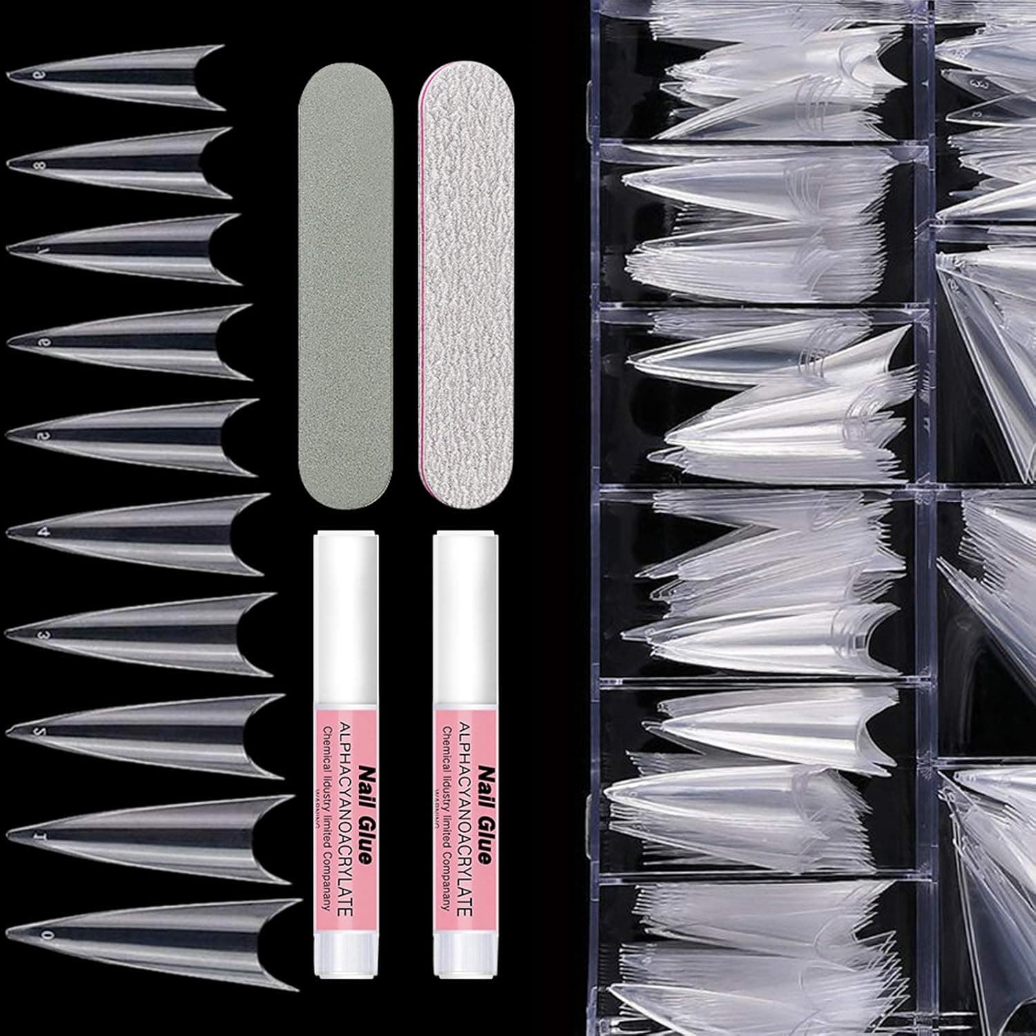 AORAEM Nail Tips with Glue Set 500Pcs Stiletto Shaped False Nail Tips Clear Long Aryclic Nail 2Pcs Nail Glues and 2Pcs Nail File with Box (C-GJJ)