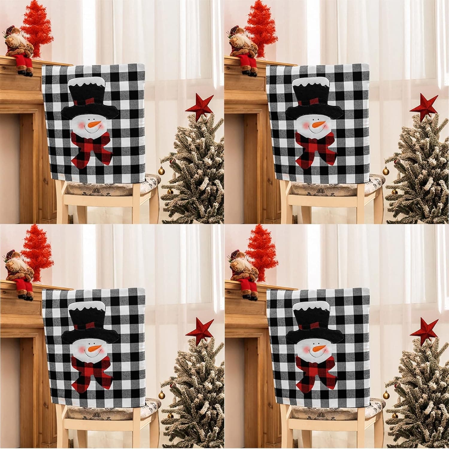 Nuxn Christmas Chair Cover, Set of 4 Black Santa Snowman Chair Back Cover, Removable Washable Kitchen Dining Chair Slipcovers for Holiday Party Festive Decoration