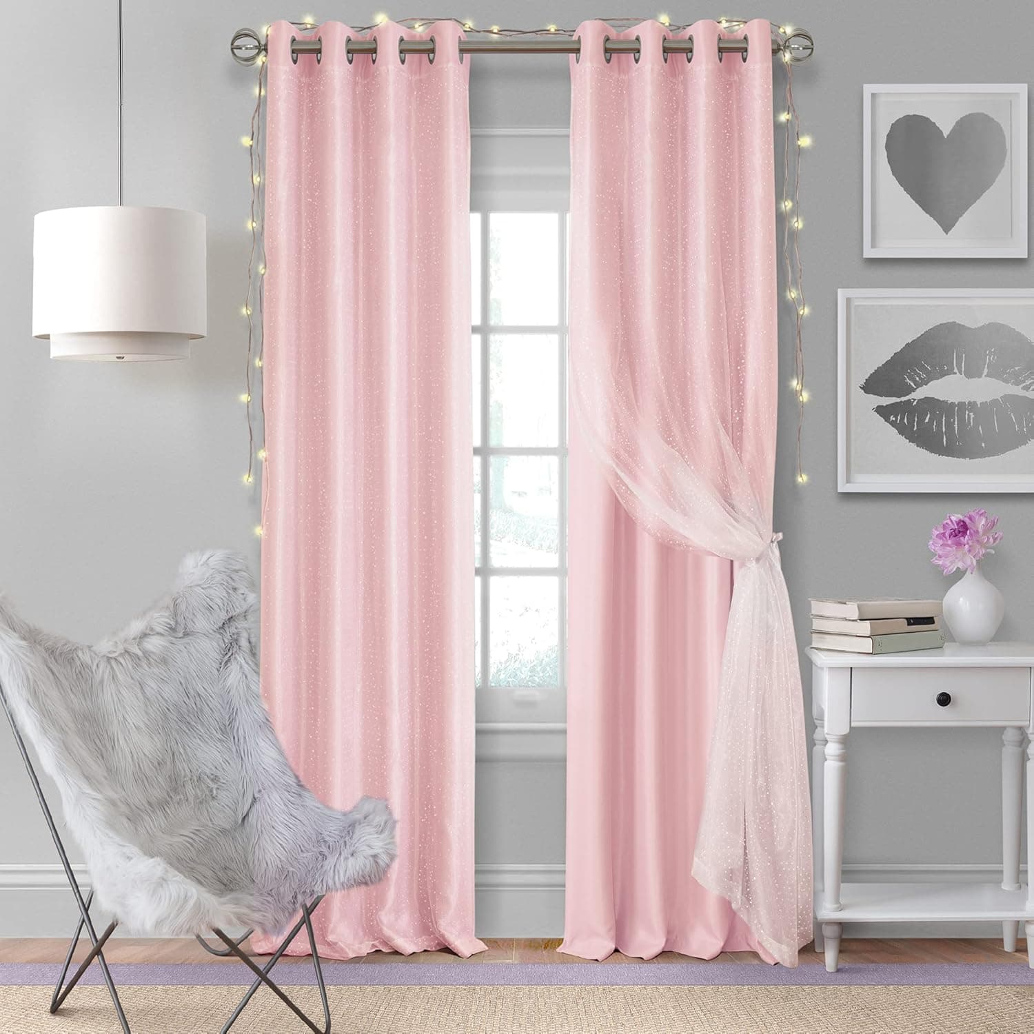 Elrene Home Fashions Aurora Kids’ Sheer Blackout Layered Curtain Panel, (Soft Pink), (52X63)