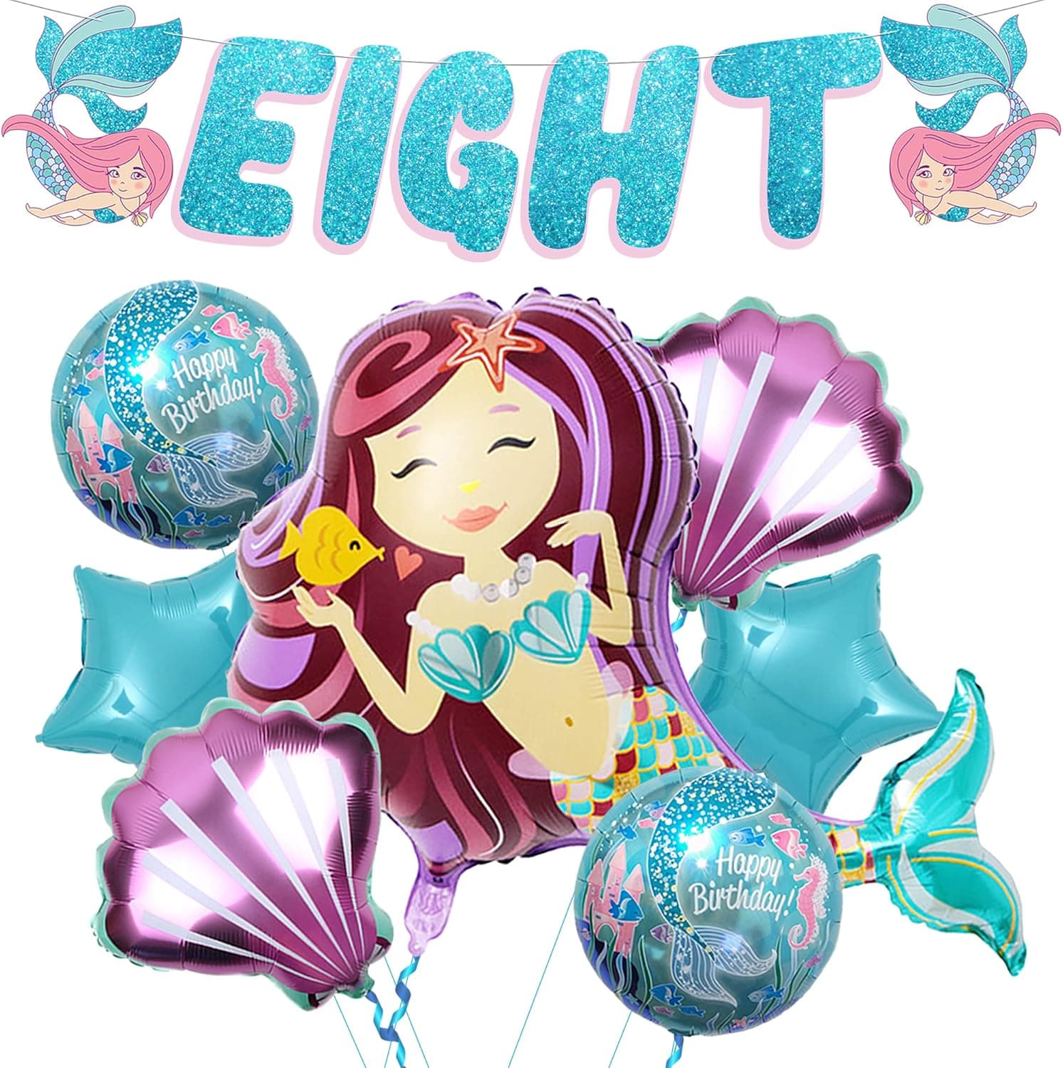Mermaid 8th Birthday Decorations For Girls - Pack of 8 | Mermaid Party Favors, Mermaid Balloons 8th Birthday | 8 Year Old Mermaid Birthday Decorations for girls 8 | Little Mermaid Party Decorations