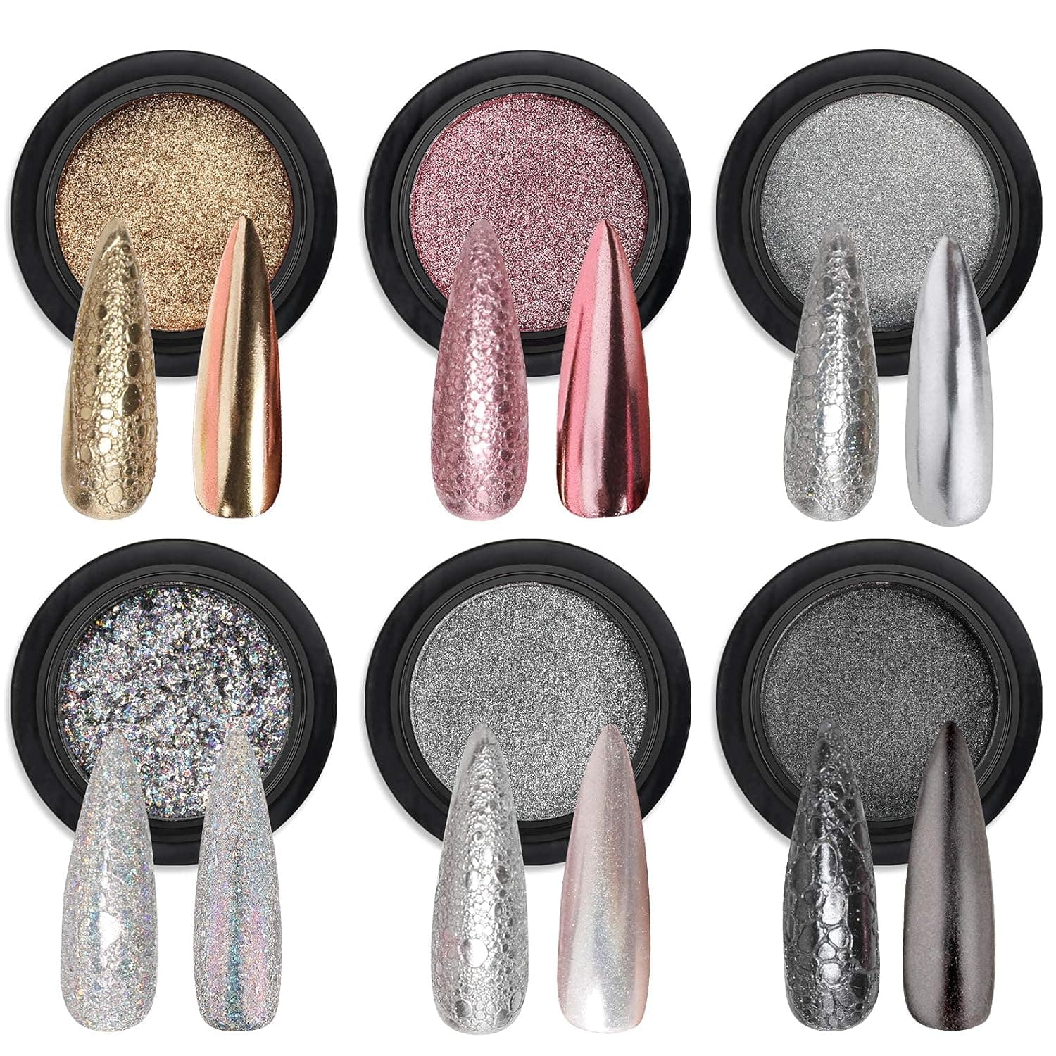 Drizzle Beauty Mirror Chrome Nail Powder 6 Colors Holographic Bubble Effect Metallic Powder Pigments for Nail Art Gel Polish Unicorn Dipping Powder.