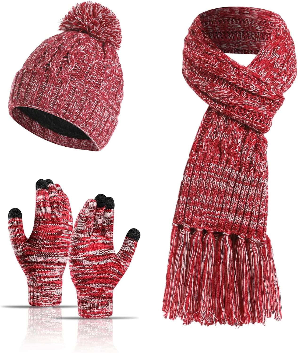 ecodudo Colorful Beanie Hat Scarf Touch Screen Gloves Set with Pom for Women