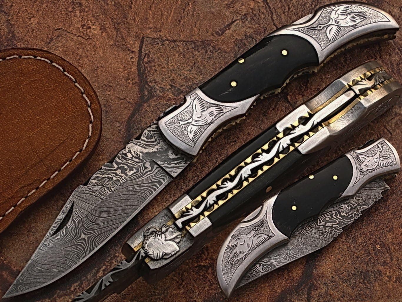 DR-5162-ENG Custom Made Damascus Steel Pocket Knife Handy Craft Bolster Design.