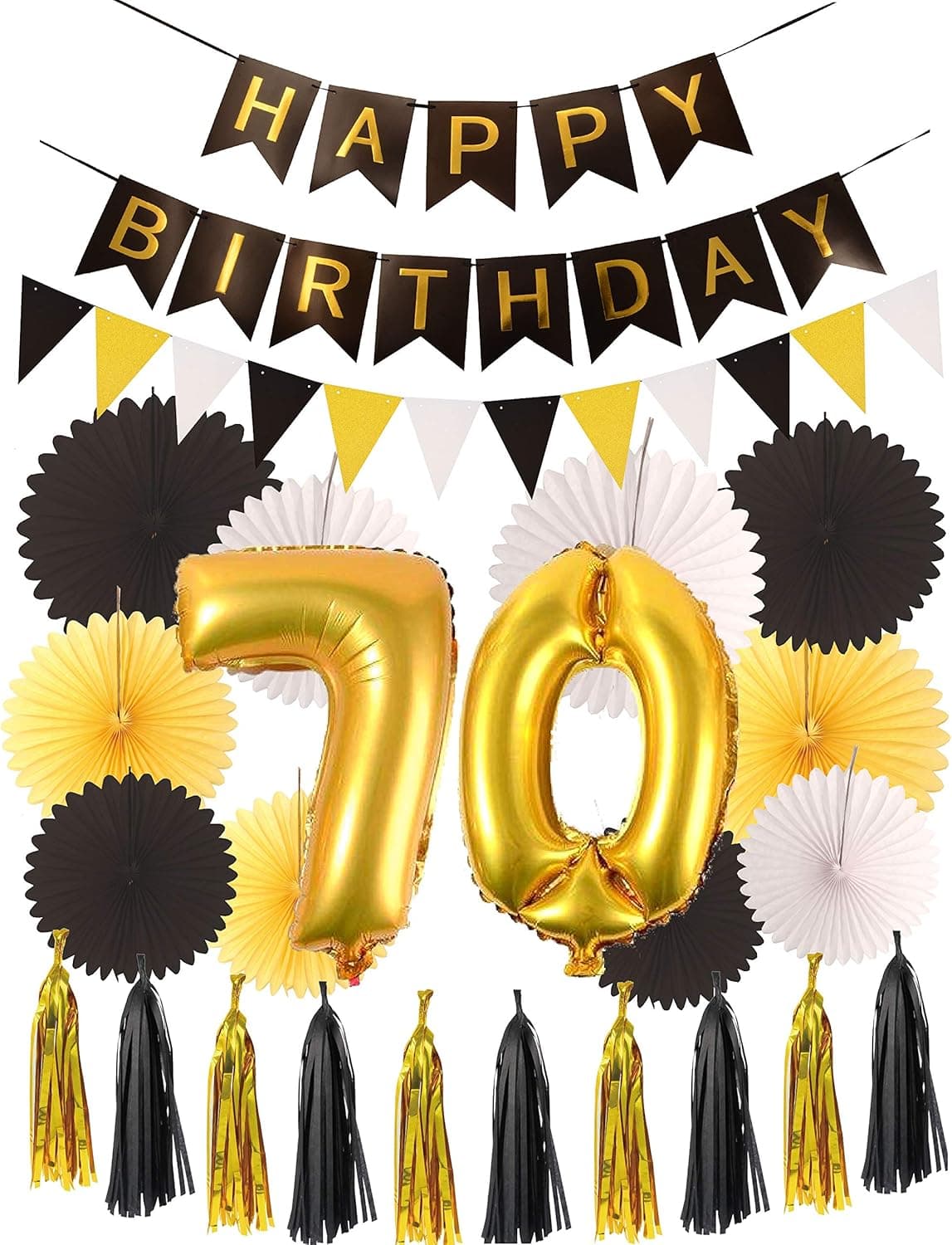 70th Birthday Party Decorations KIT - Happy Birthday Black Banner, 70th Gold Number Balloons, Gold and Black, Number 70, Perfect 70 Years Old Party Supplies