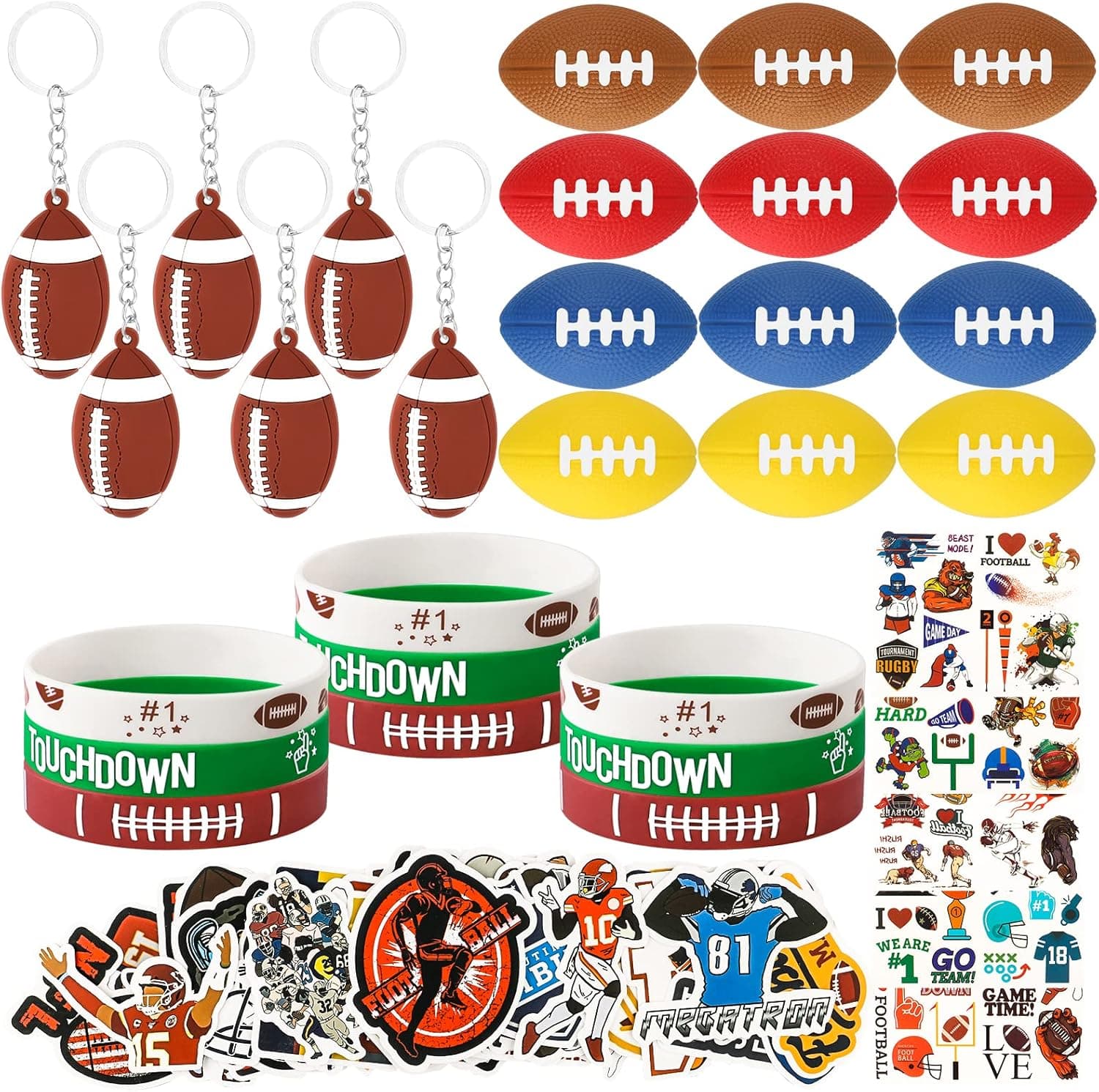 91Pcs Football Party Favors Supplies, Football Silicone Wristband Mini Foam Stress Balls Keychain Tattoos Stickers, Pinata Goodie Bag Fillers Football Birthday Party Gift for Kids Boys