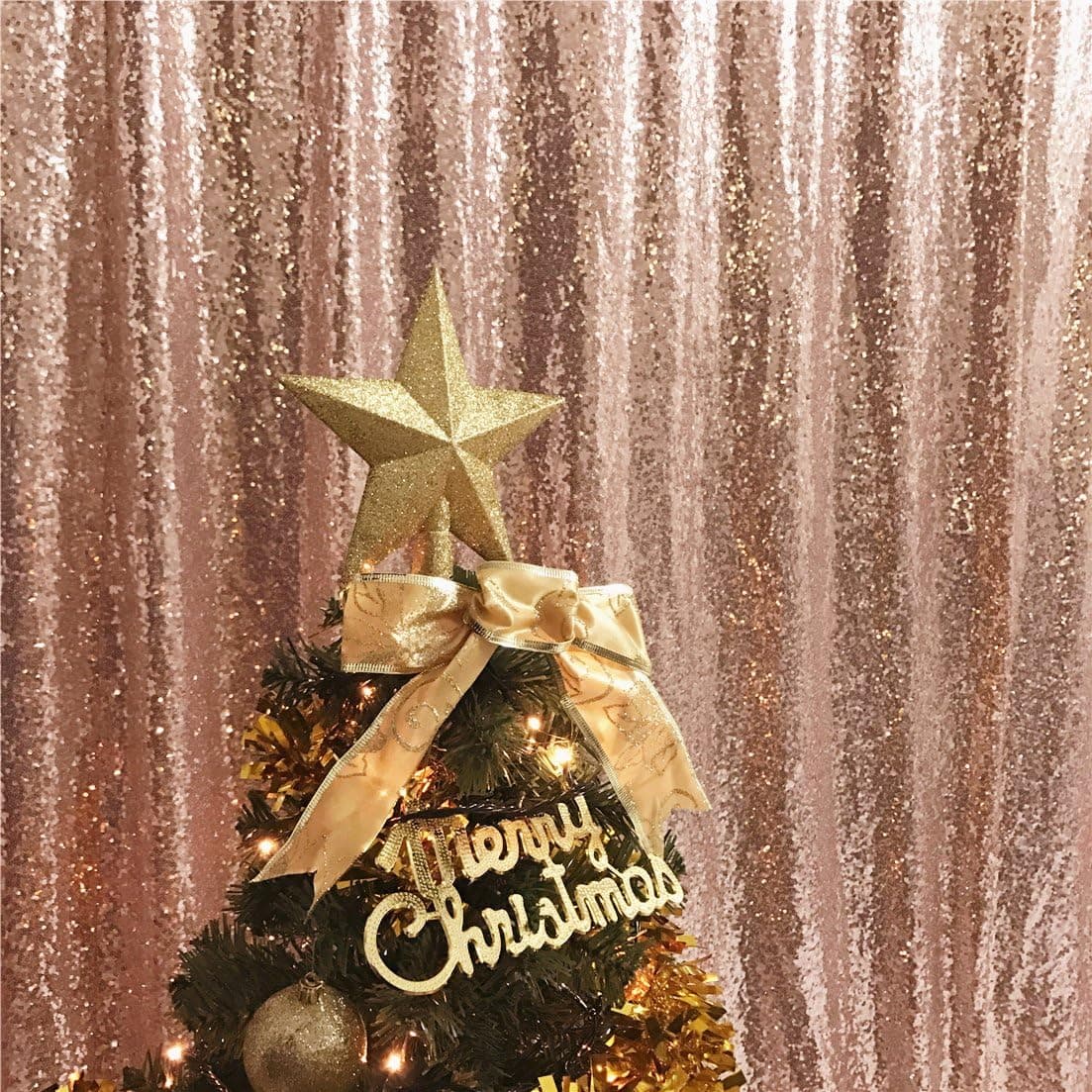 TRLYC 5 by 7Ft Sparkly Rose Gold Christmas Sequin Backdrop Curtain for Wedding Party