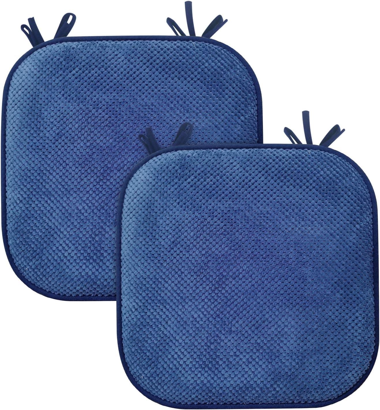 HomeMe Memory Foam Dining Chair Cushions with tie, Ultimate Soft Comfortable Outdoor Seat/Chair Cushion Pads with Honeycomb Pattern Nonslip Rubber Back ,16" x 16" , 2 Pack, Navy Blue