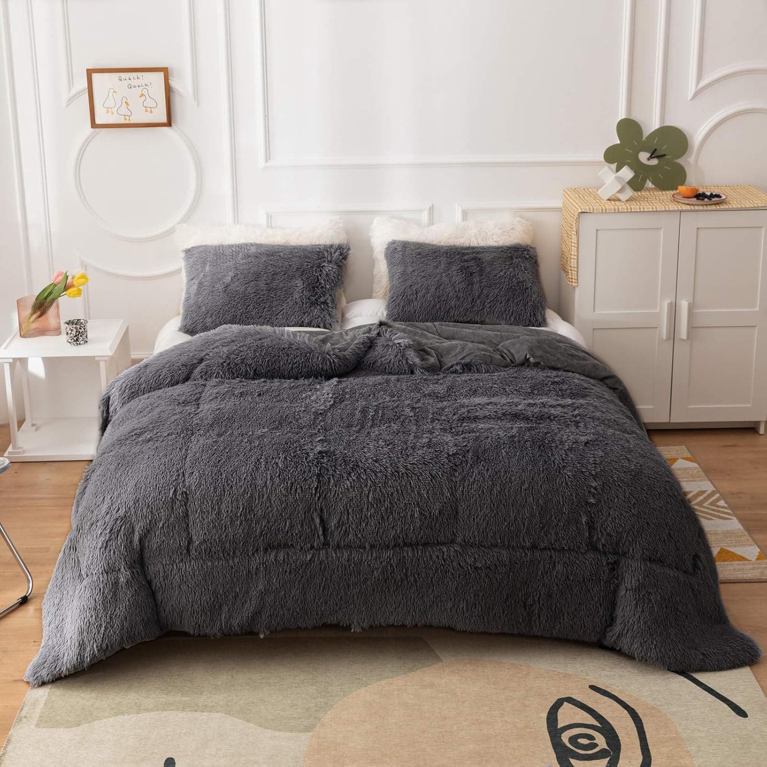 Smoofy Faux Fur Comforter Set Queen 3Pcs Shaggy Plush Velvet Comforter Soft Fluffy Fuzzy Double-Sided Bedding Luxury Furry Flannel, Dark Grey Full 1 Comforter 2 Pillowcases