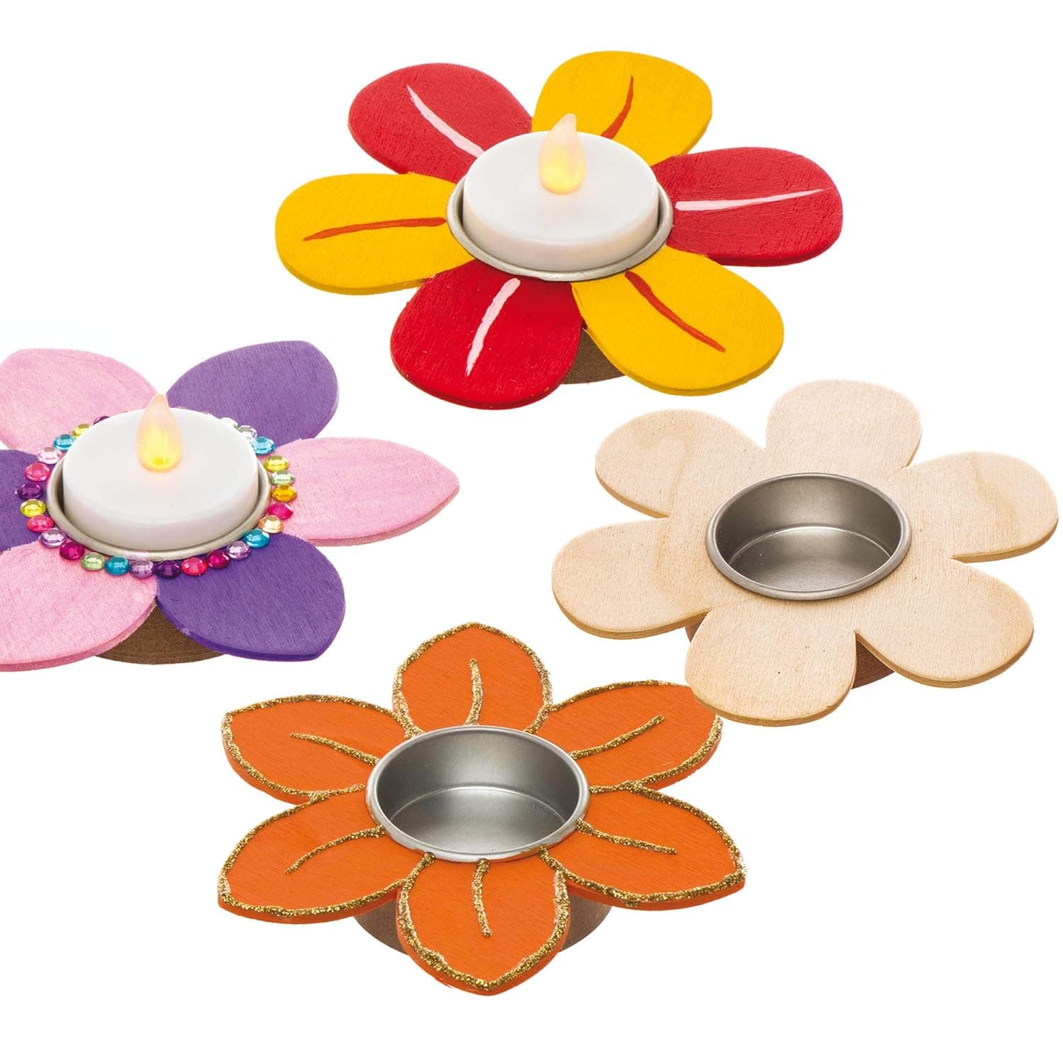 Baker Ross AW226 Flower Wooden Tealight Holders Box of 4, Ready to Paint Wooden Crafts for Kids to Decorate and Display
