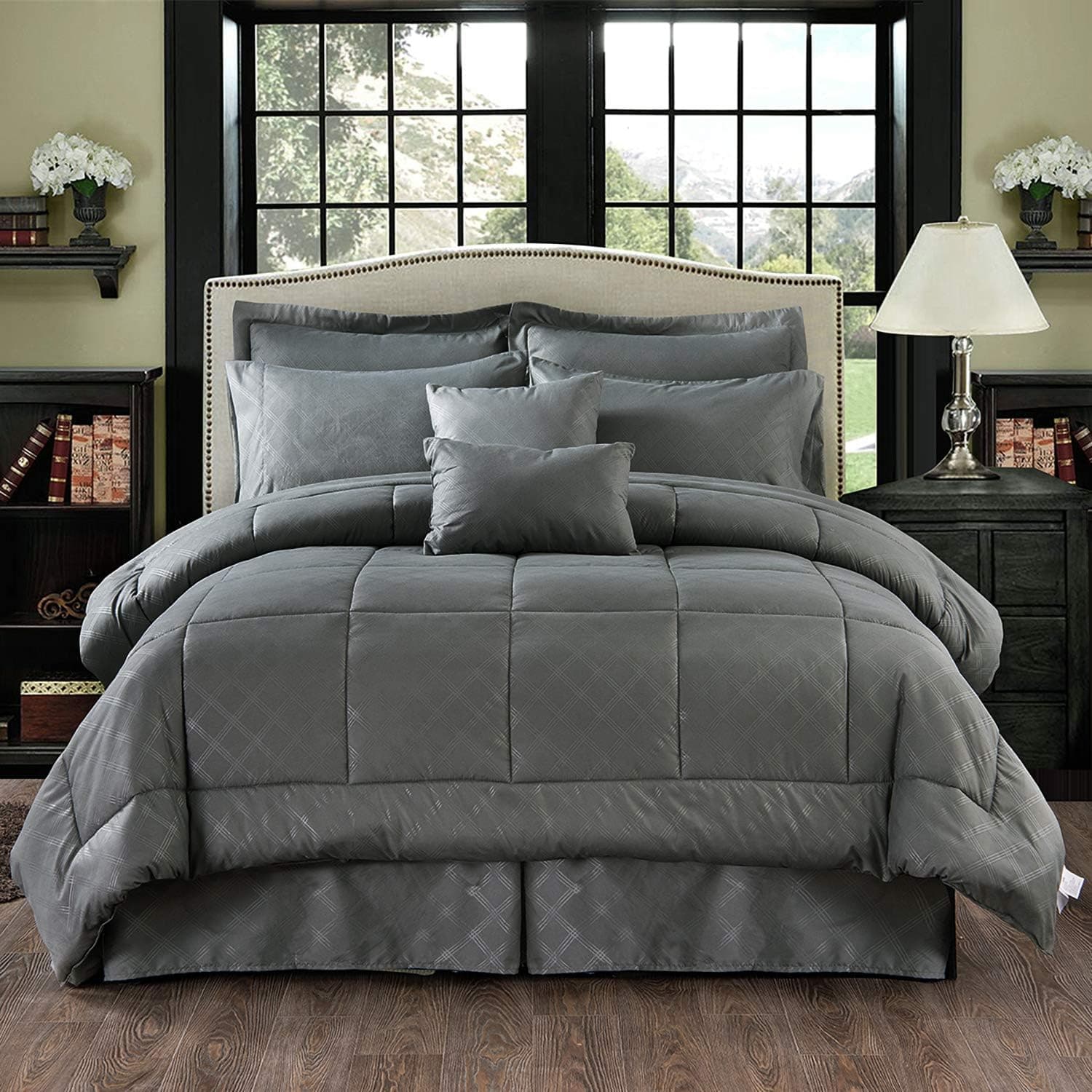 MERRY HOME 10 Piece Cal King Comforter Set Bed-in-A-Bag with Sheet Set - Plush Luxury 430GSM Solid Color Embroidered Comforter Set with Quilted Pattern for All Season, Grey