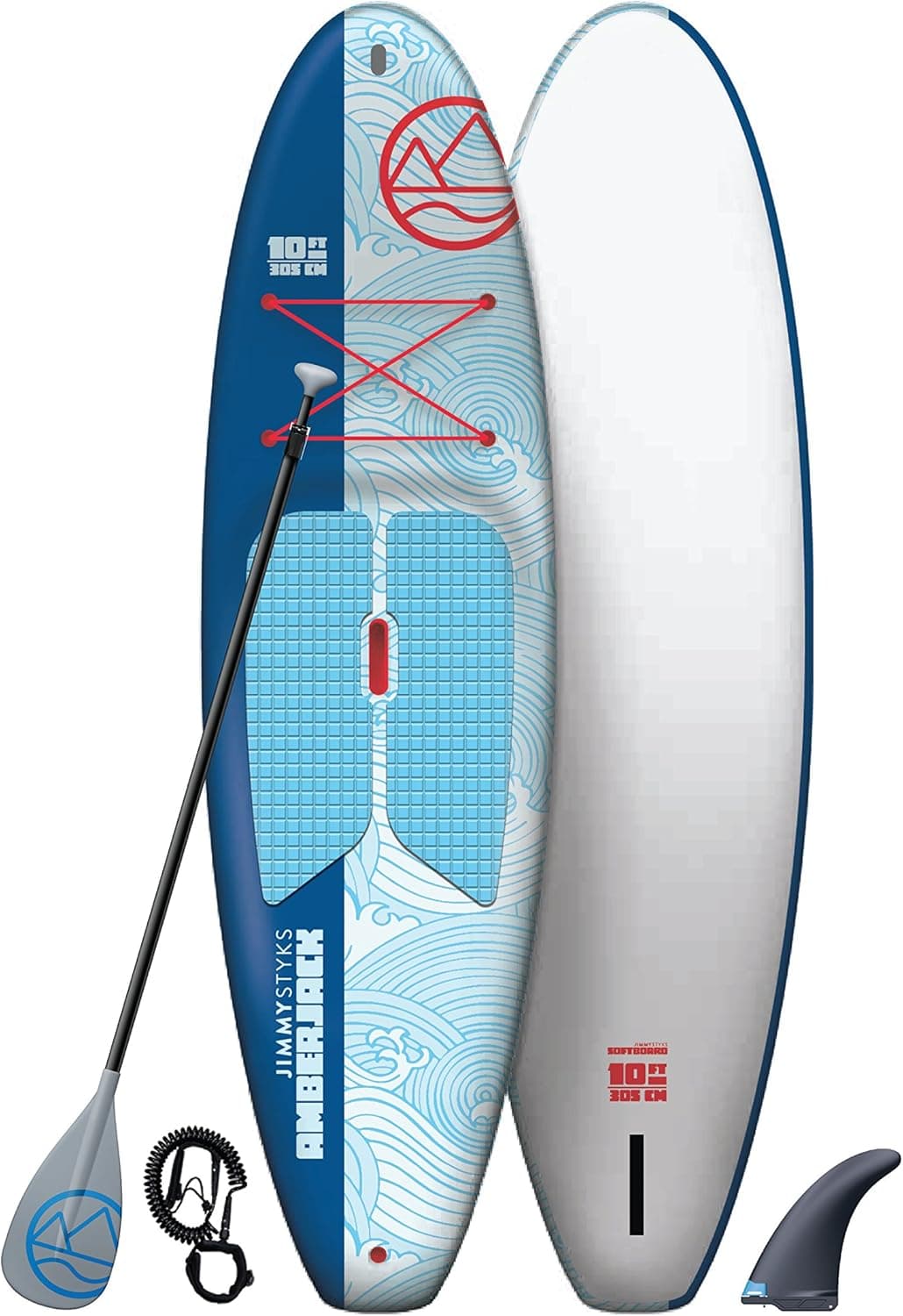 Jimmy Styks Amberjack Soft Top Stand Up Paddle Board Blue & White 10' Long 32.5" Wide 5.2" Thick | All Around SUP | Includes Click-N-Go Key-Less Fin, Leash and Adjustable Paddle