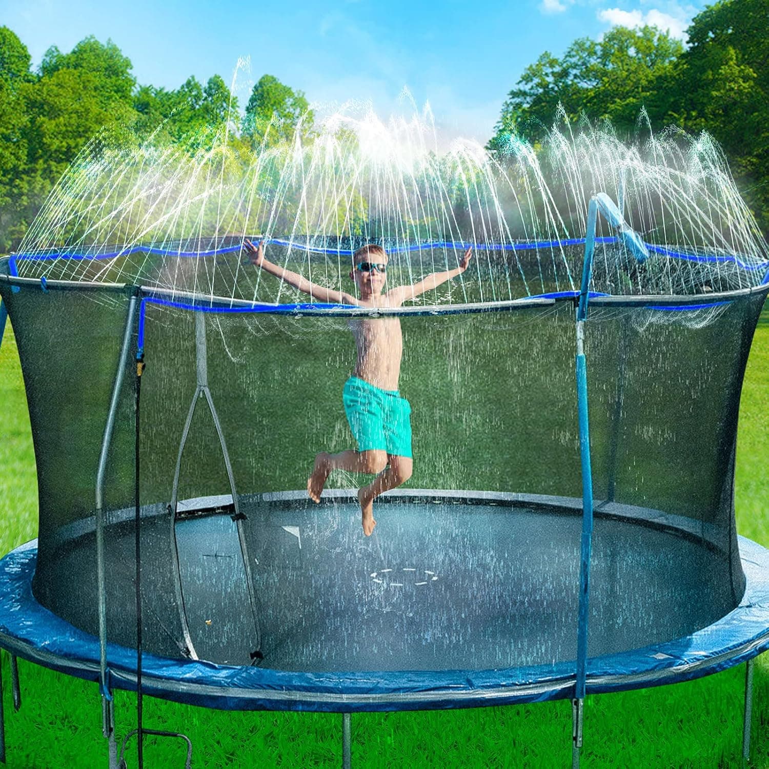 Bobor Trampoline Sprinkler for Kids, Outdoor Trampoline Backyard Water Park Sprinkler Fun Summer Outdoor Water Toys for Boys Girls (Blue, 39ft)