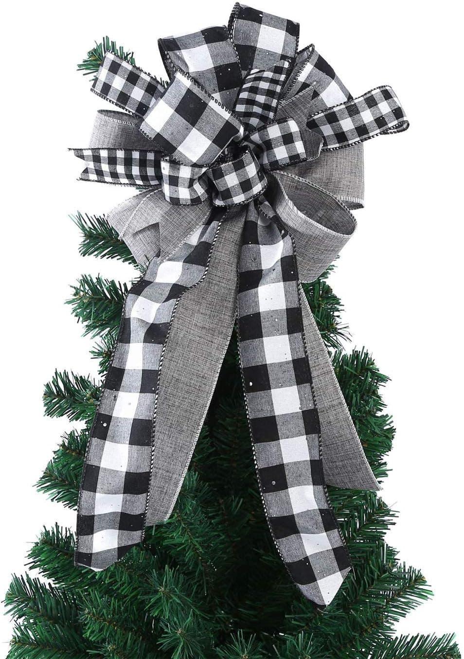 HAO Christmas Tree Topper, 22.8 inch Buffalo Plaid Toppers Burlap Decorative Bow, Ornament Decoration Bow for Christmas Decoration,Xmas Gift Box (Gray/White)